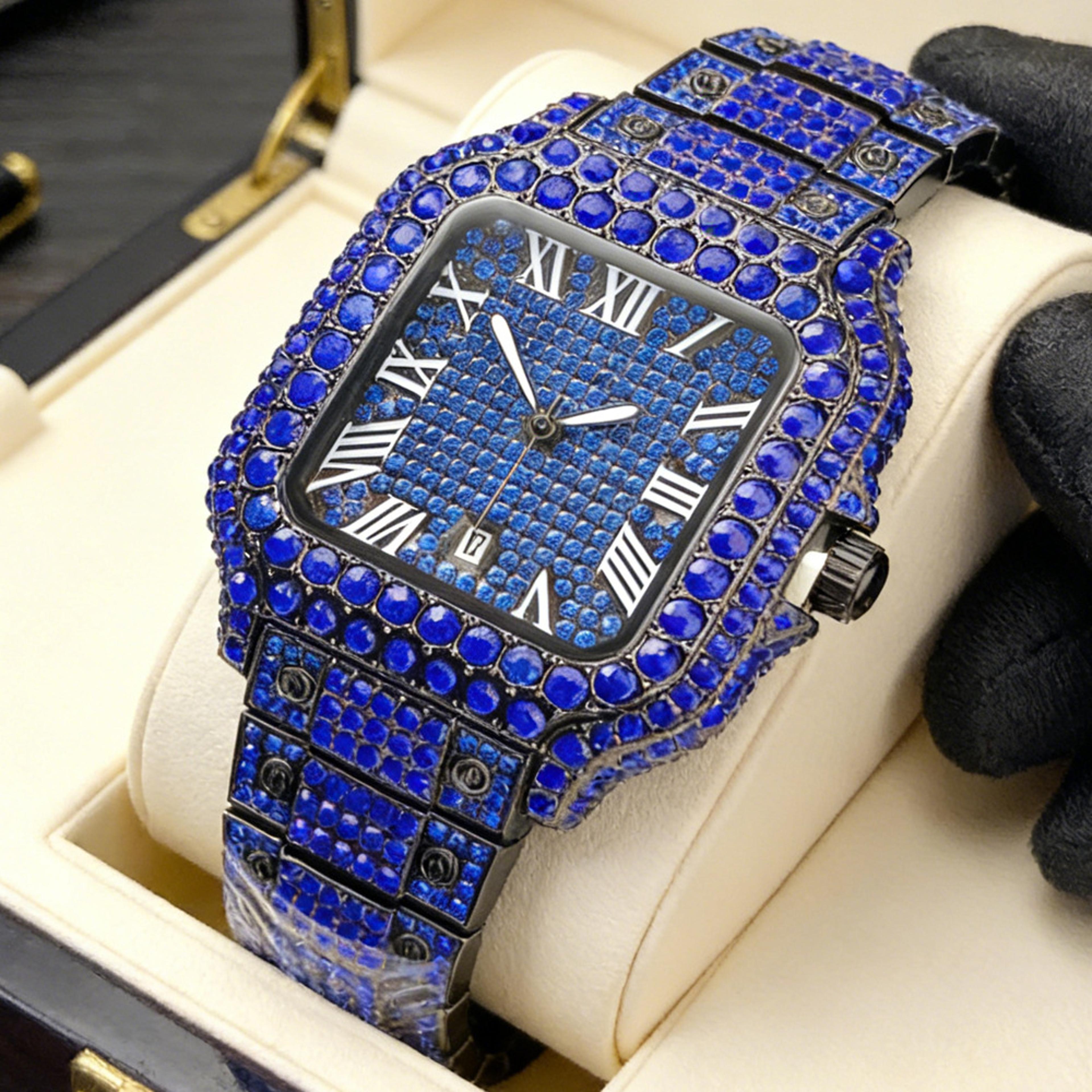 classic iced out square quartz watch for men blue black hip hop wristwatch