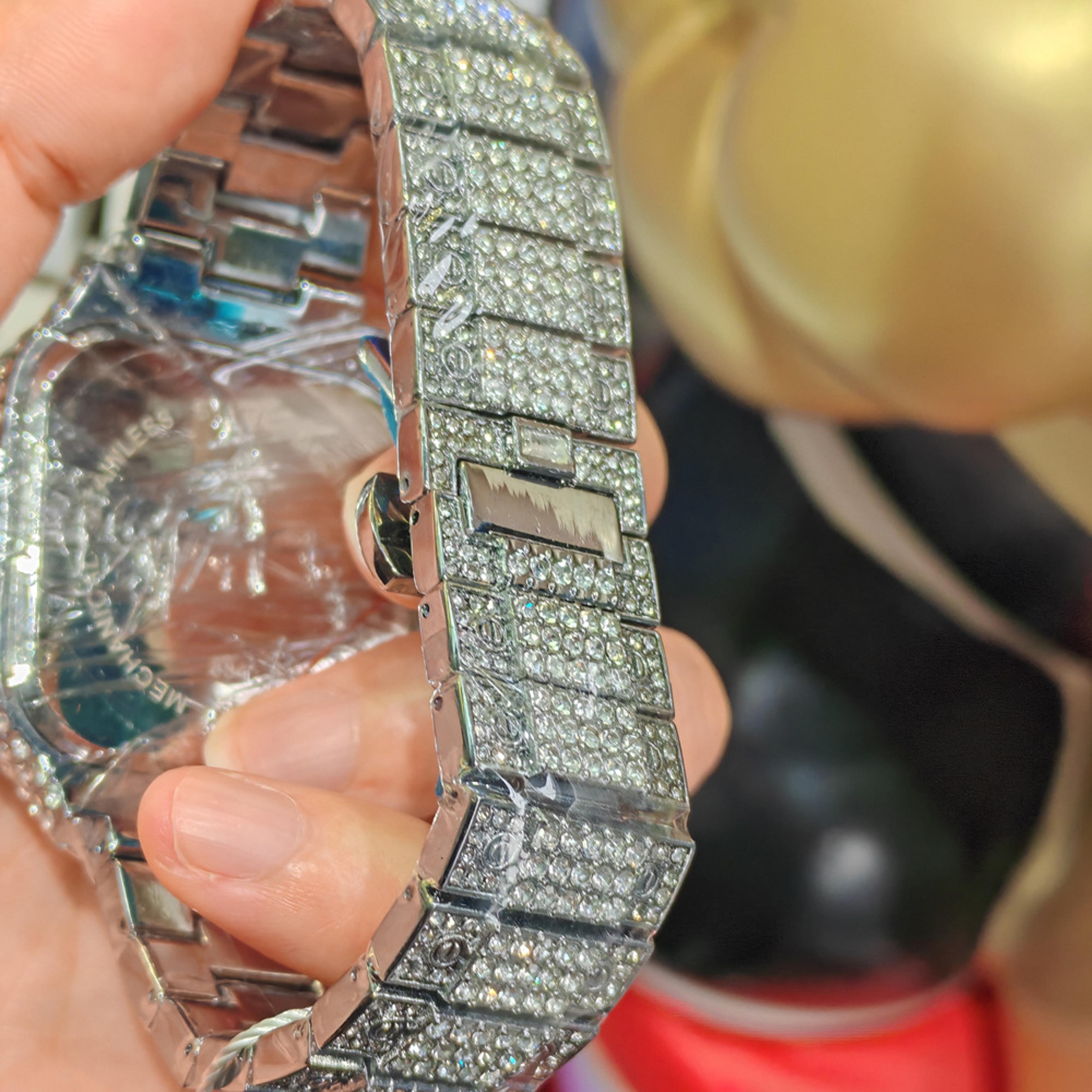 silver iced out quartz watch for men stainless steel hip hop wristwatch