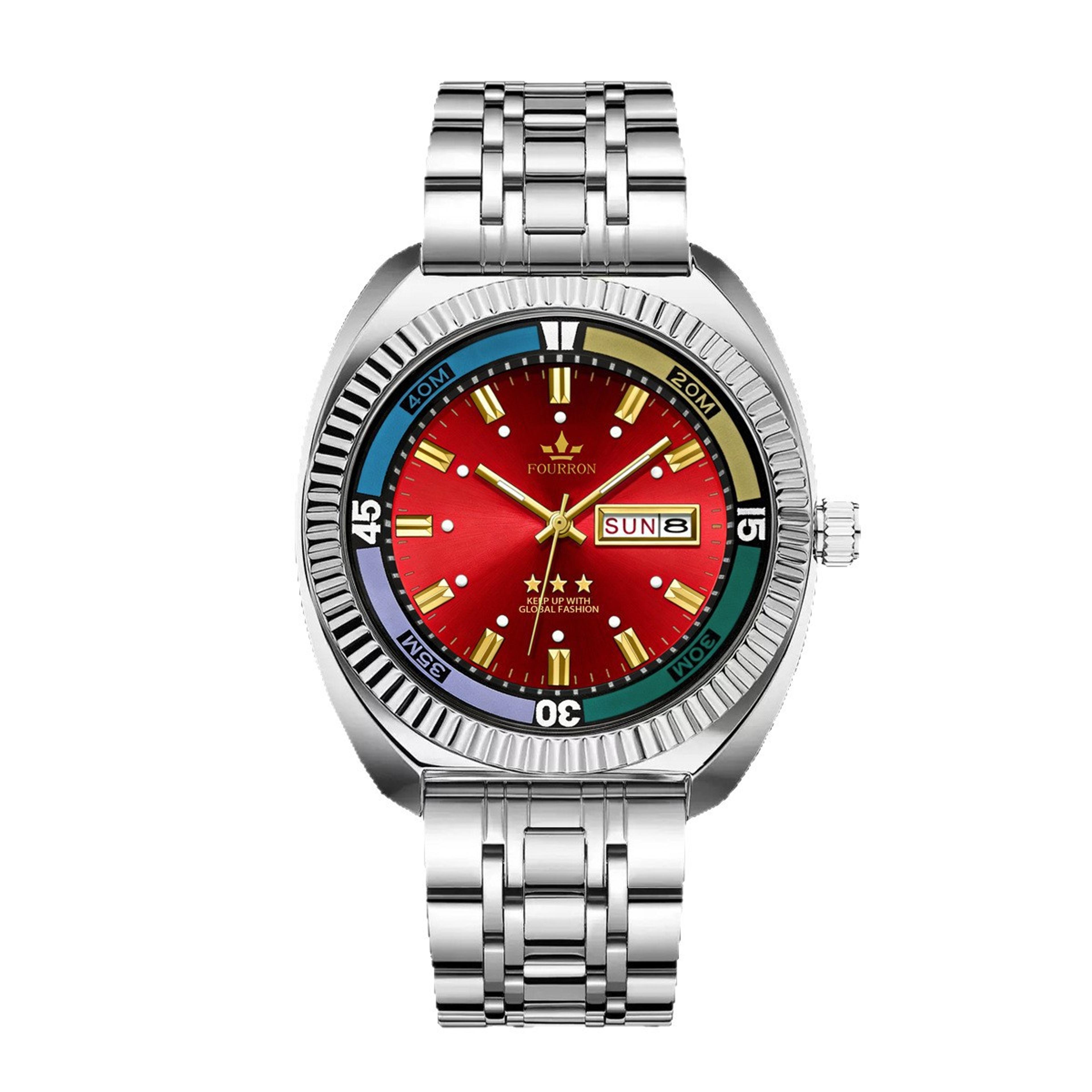 red dial mens quartz watch steel strap calendar fashion wristwatch
