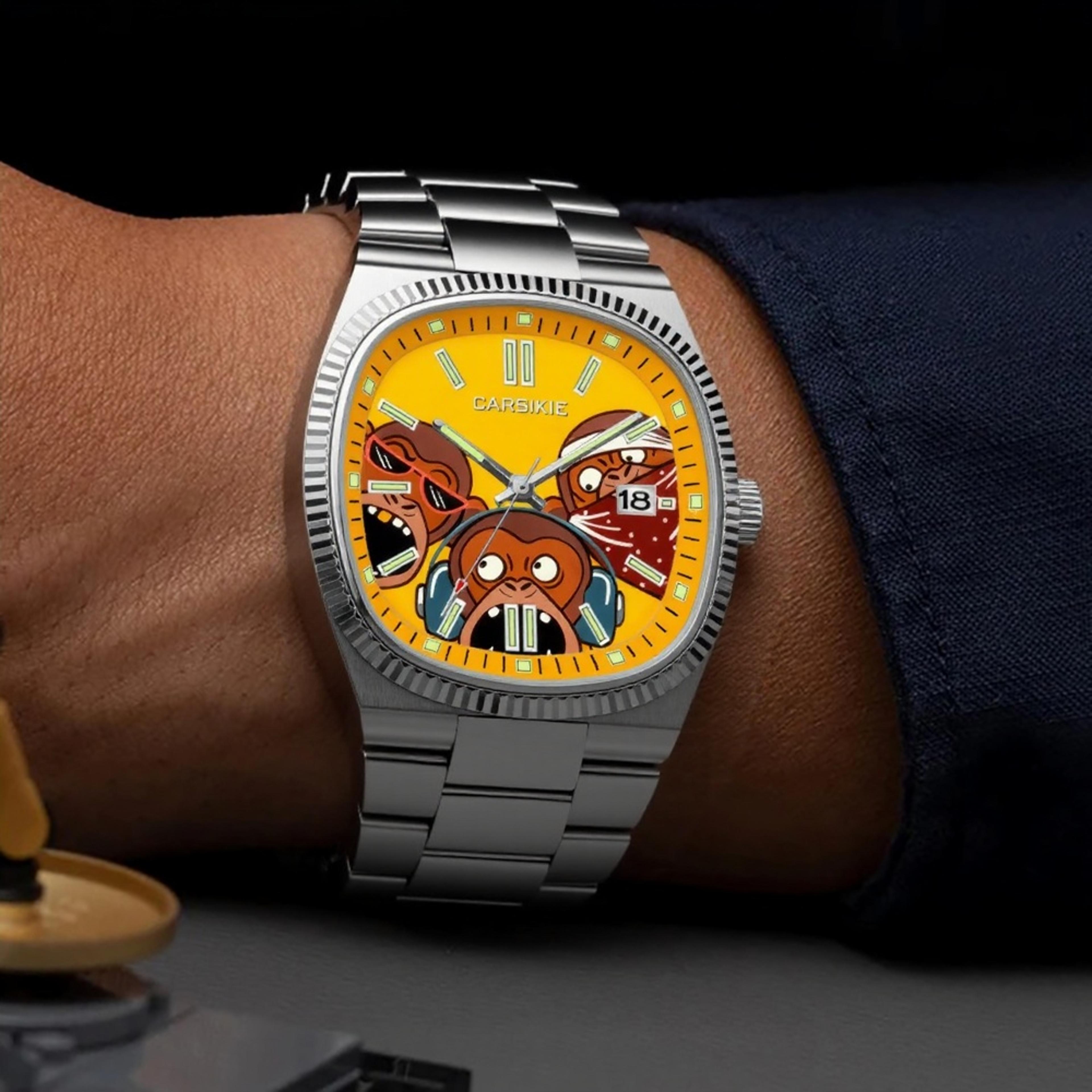 creative cartoon oil painting dial quartz watch for men stainless steel casual wristwatch