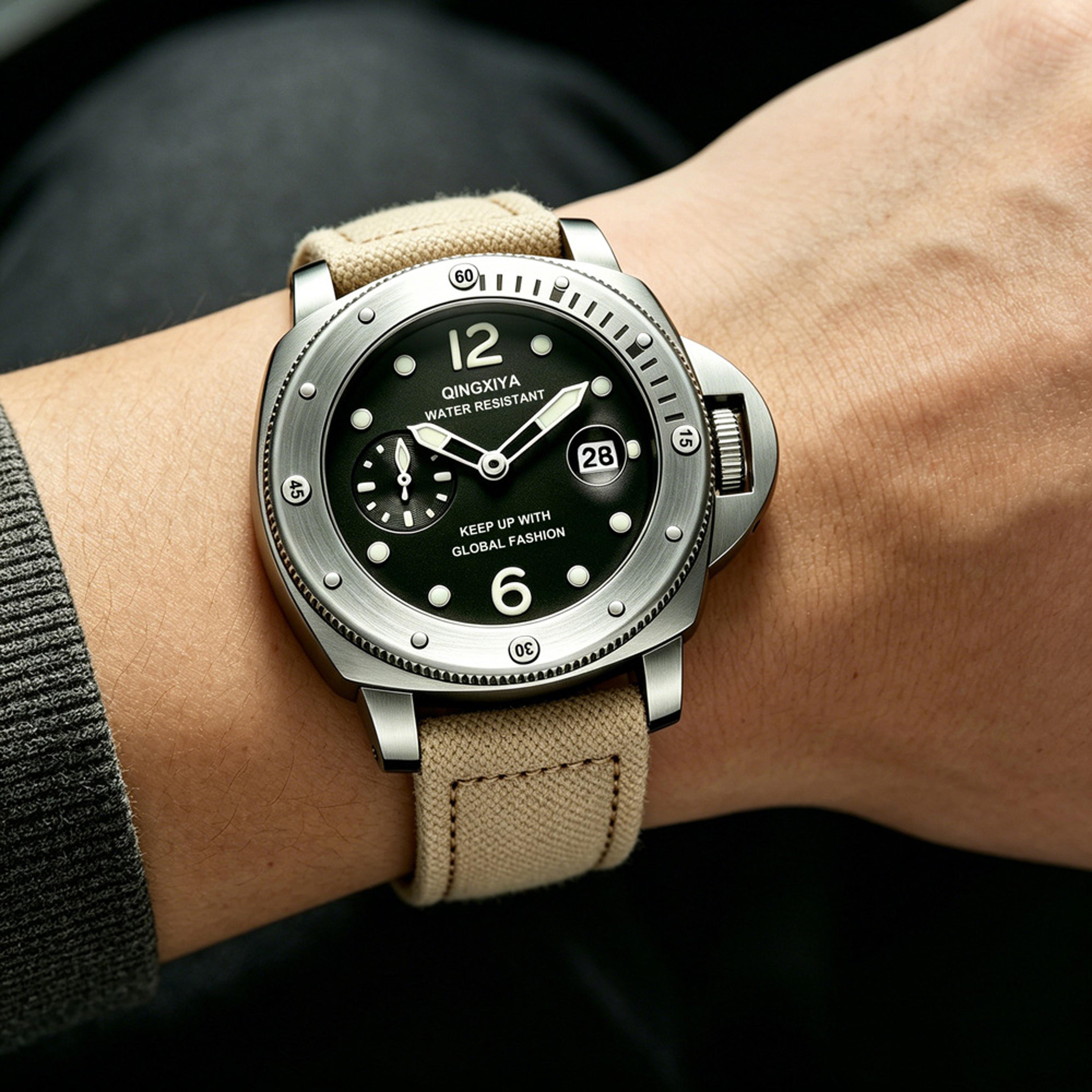 khaki military quartz watch for men with luminous dial and multifunction subdials