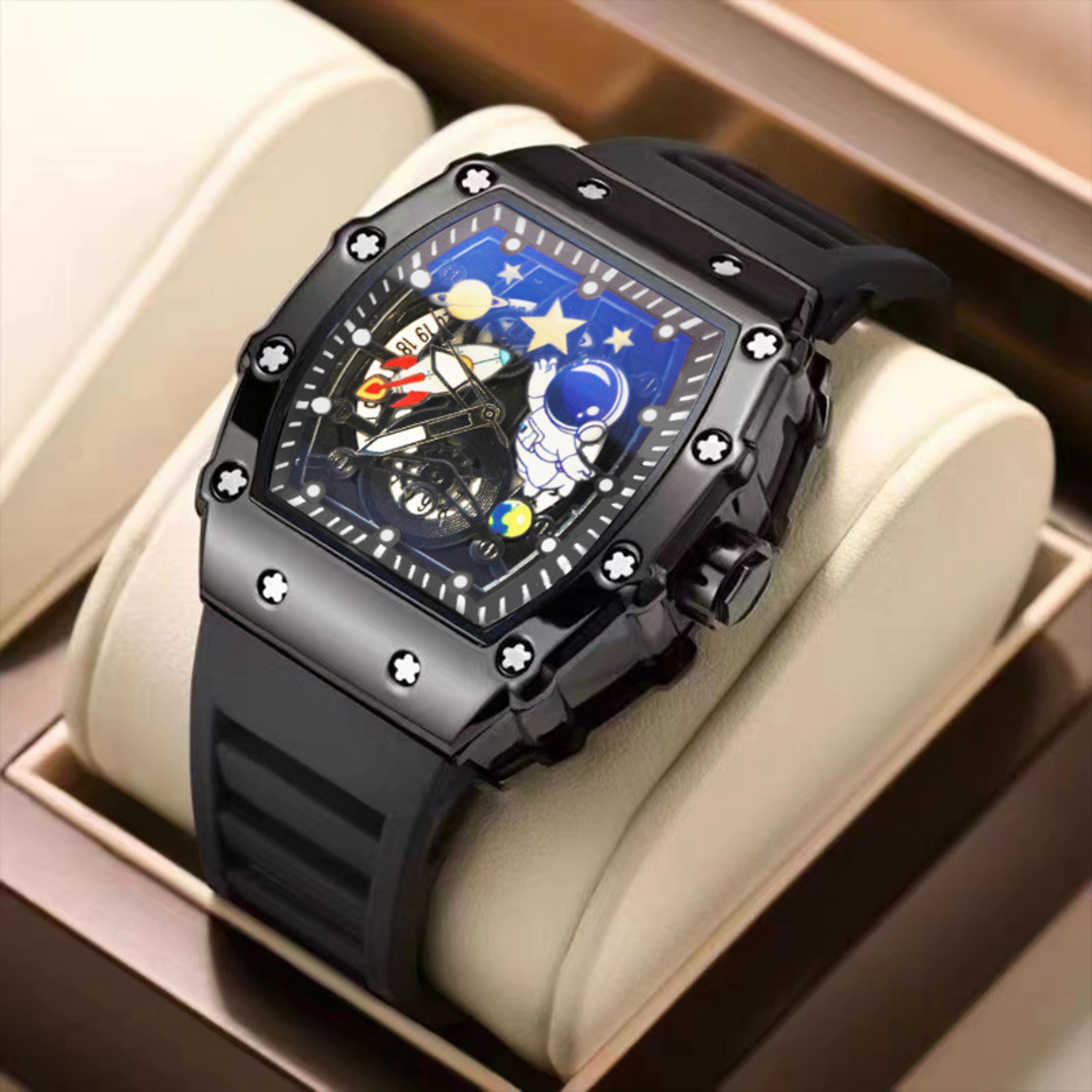 luxury astronaut skeleton dial quartz watch for men stainless steel waterproof wristwatch