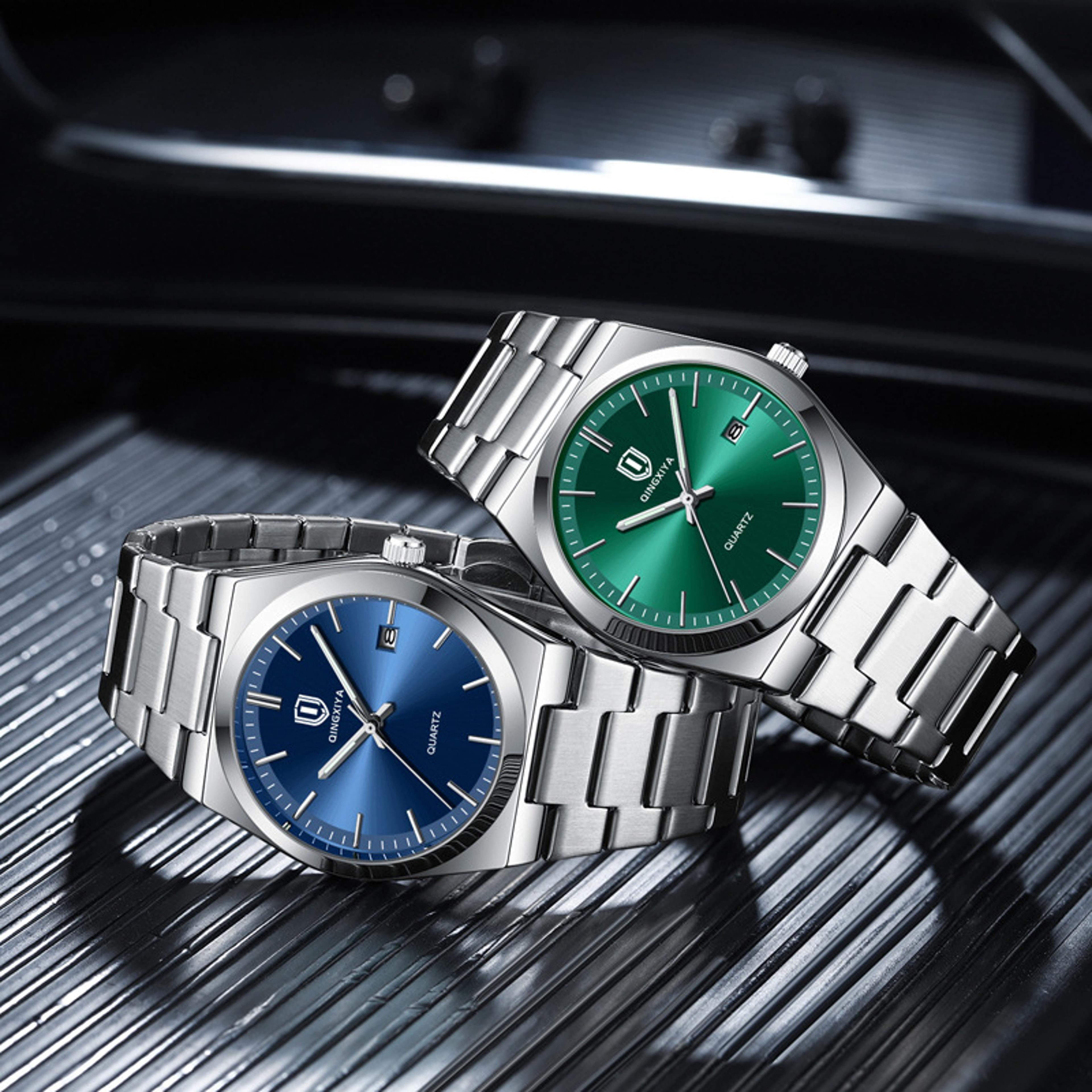blue green dial mens quartz watch luminous metallic fashion wristwatch