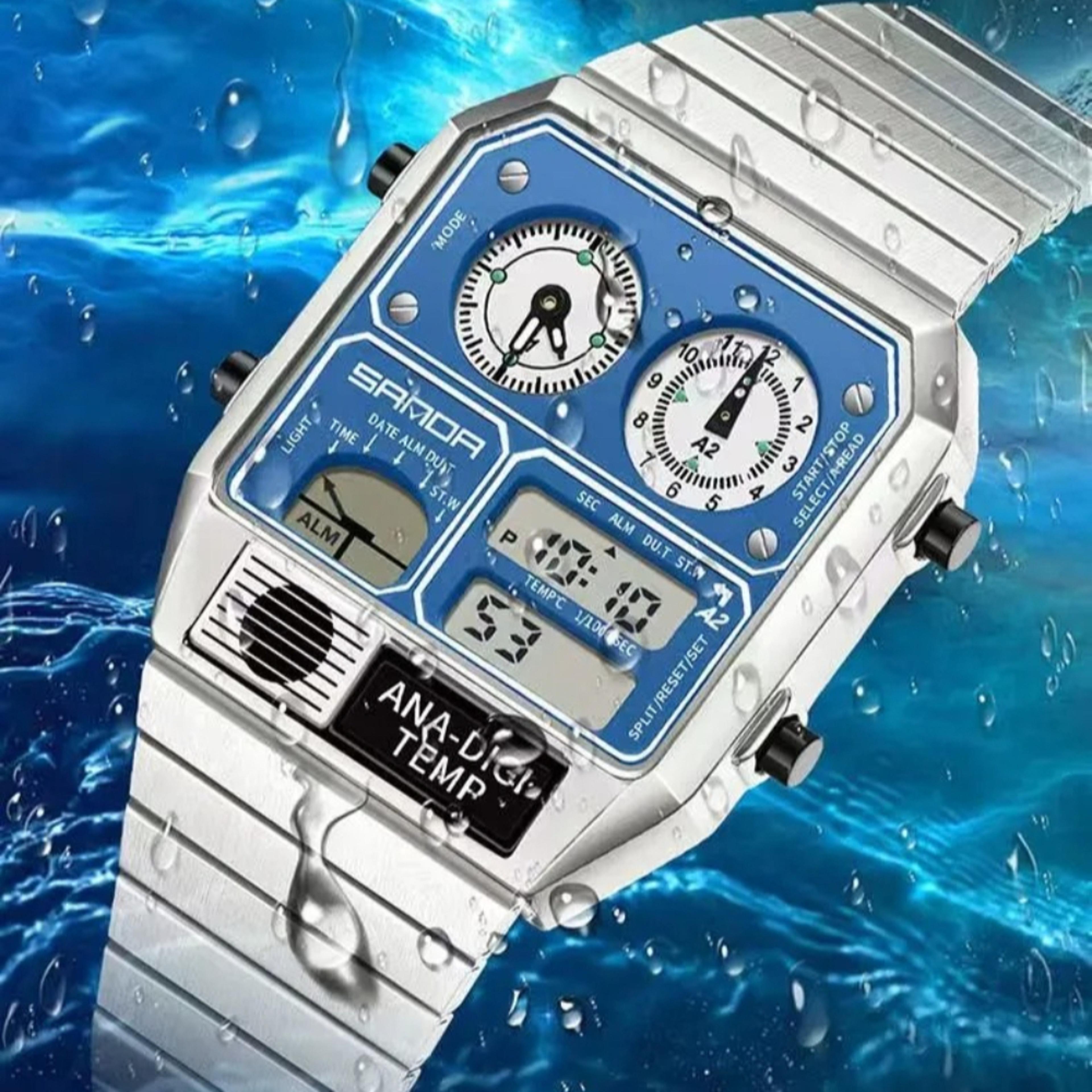 retro square dual display waterproof quartz watch for men