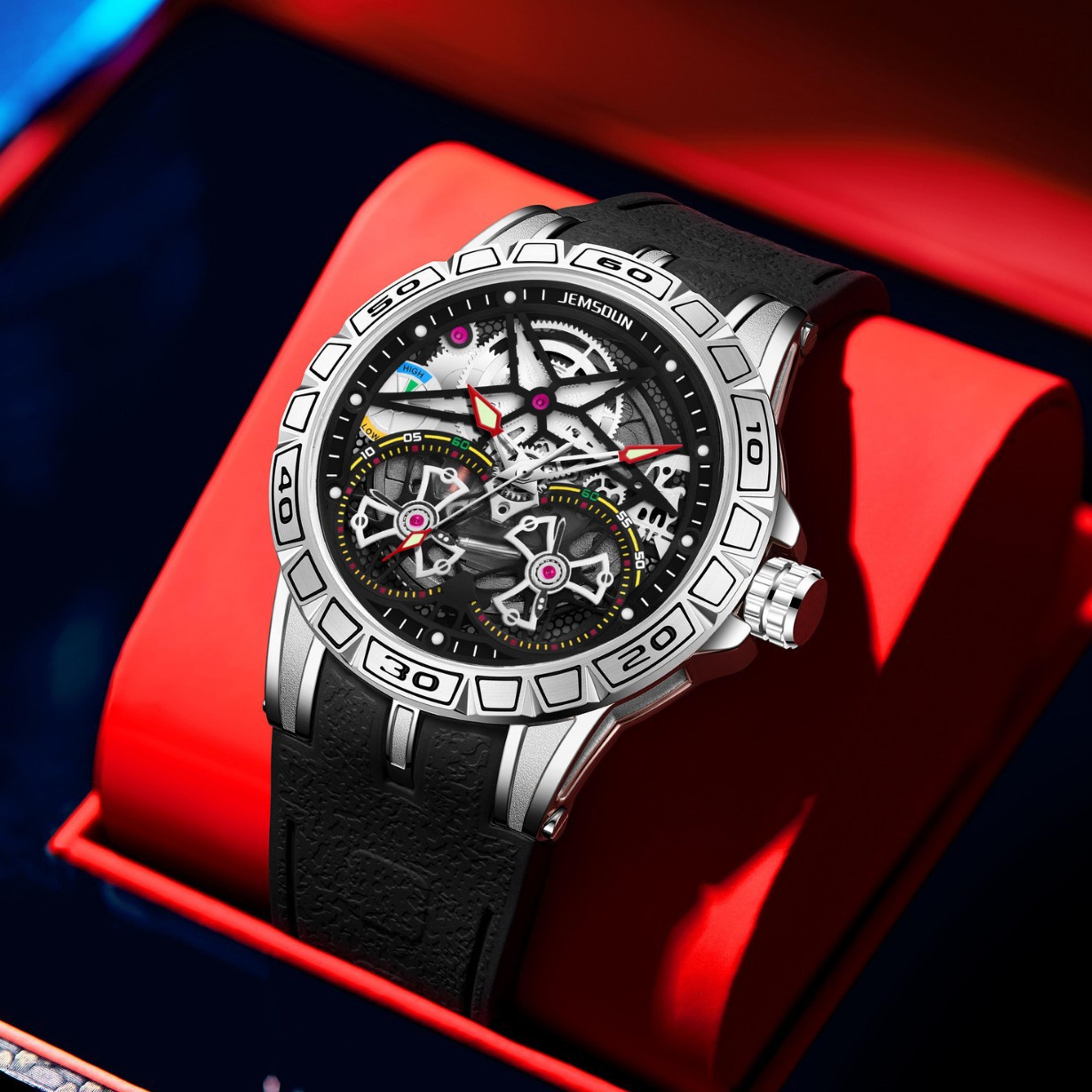 mens skeleton quartz watch big dial double flywheel rubber strap timepiece