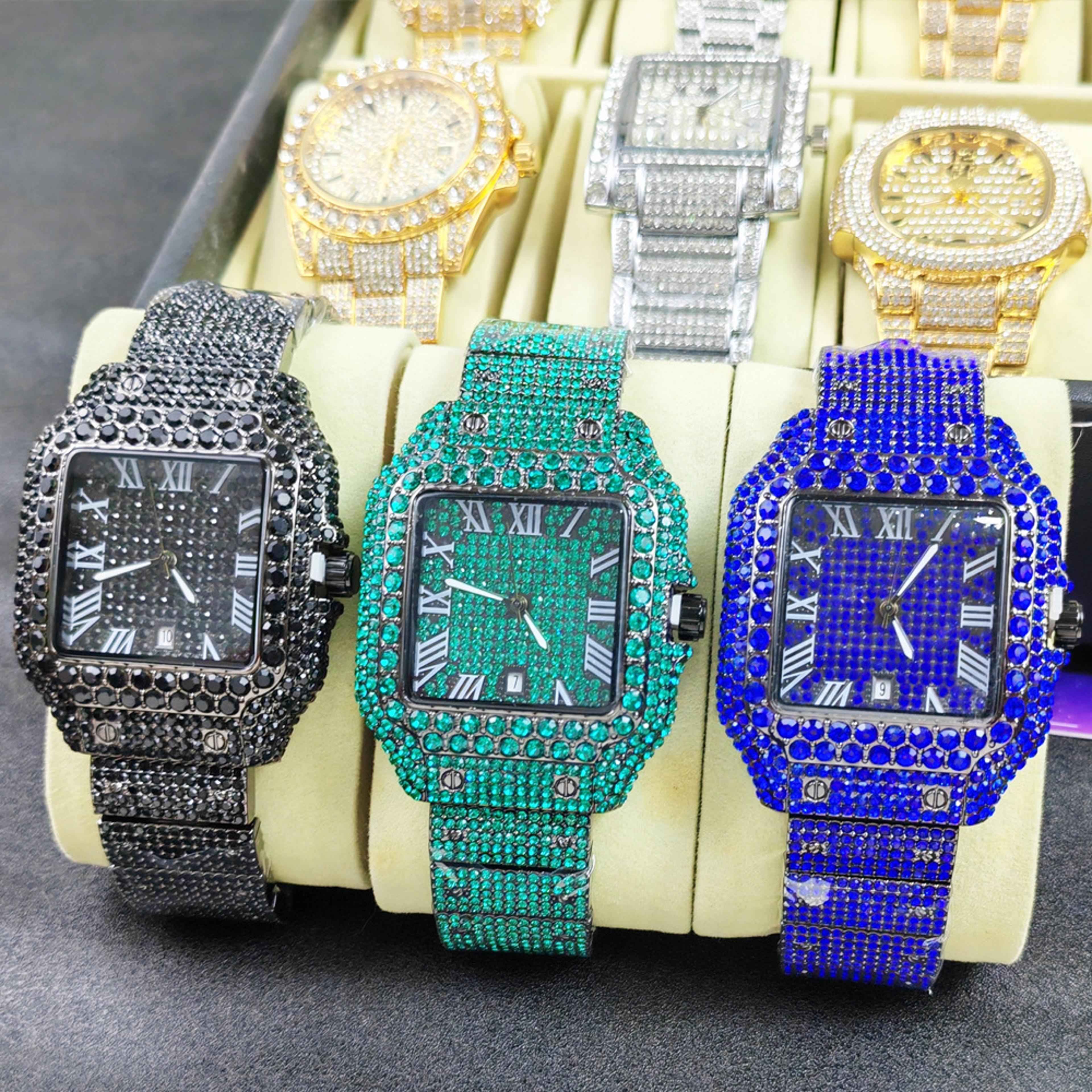 iced out rectangle quartz watch for men with stainless steel band