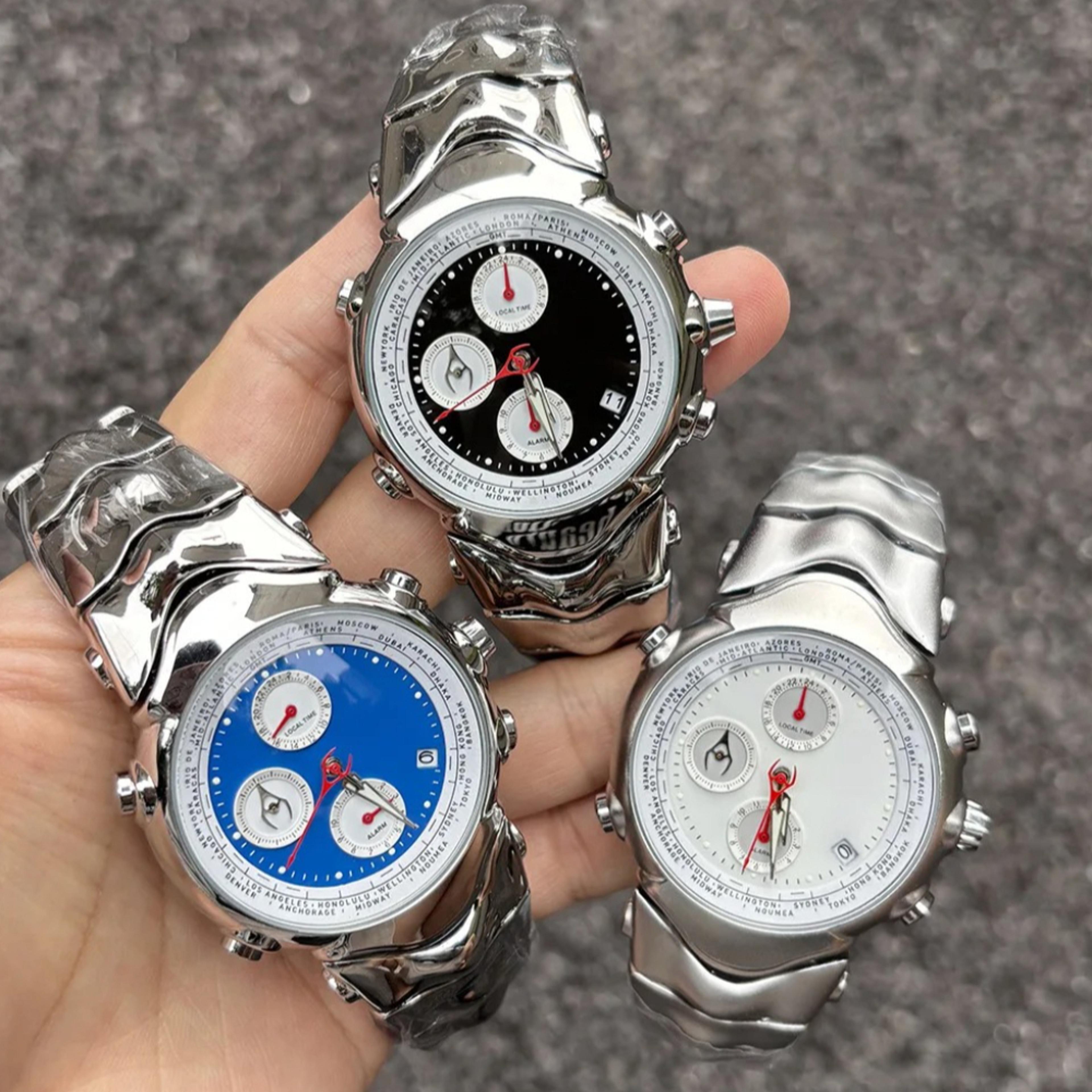 six hand quartz watch mens alien shape steel statement watch