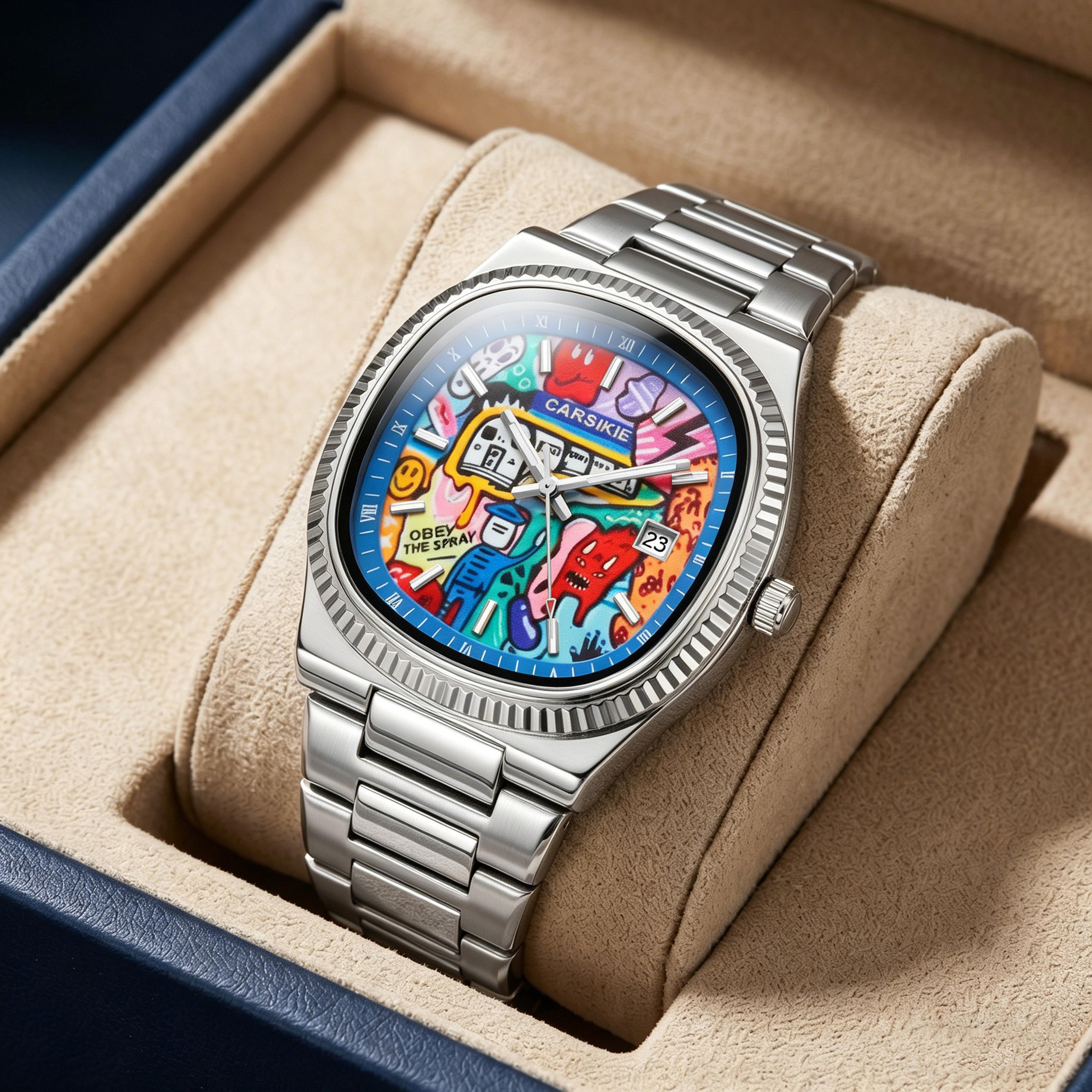 creative oil painting dial mens quartz watch with steel band