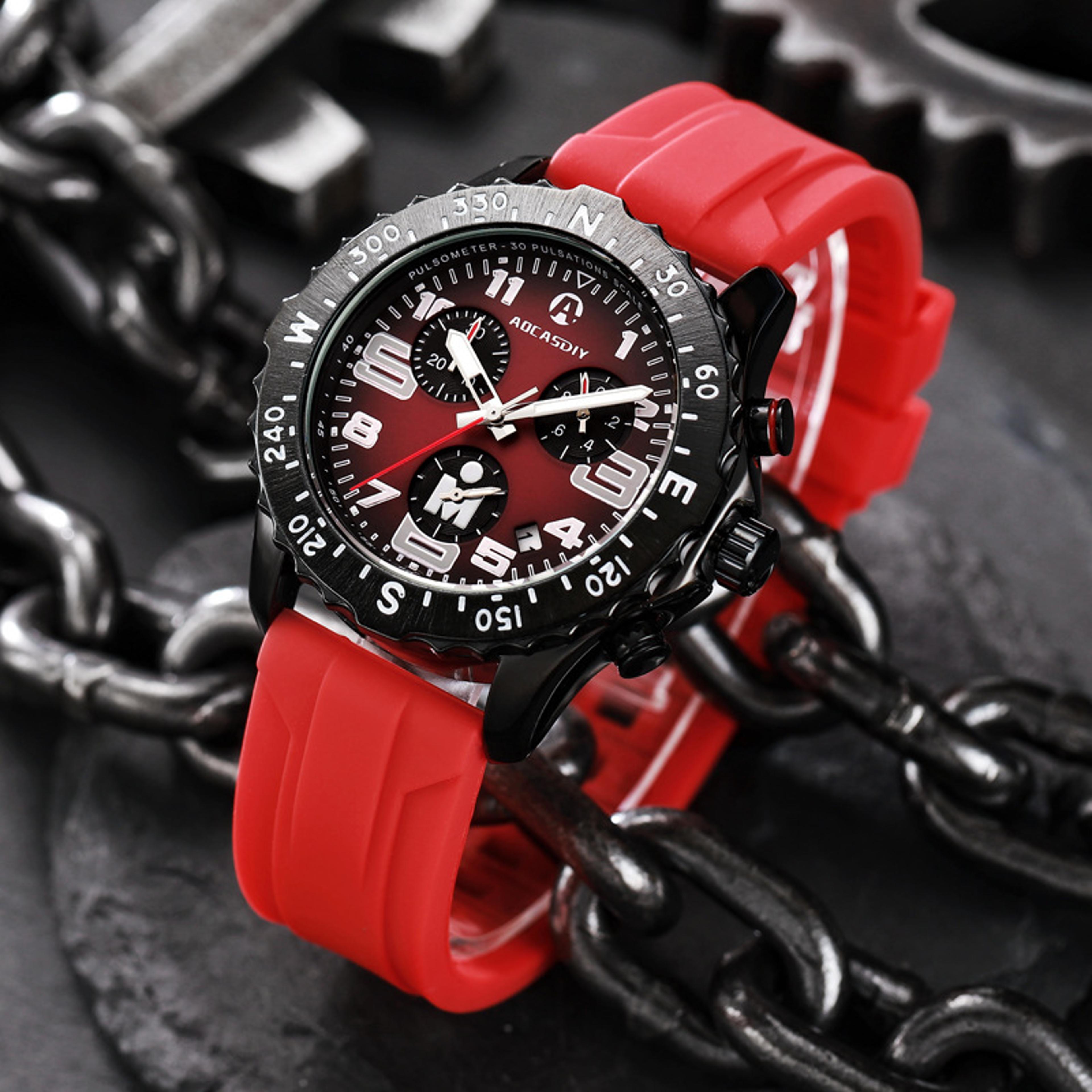 multifunction mens quartz watch six hand sports watch with rubber strap