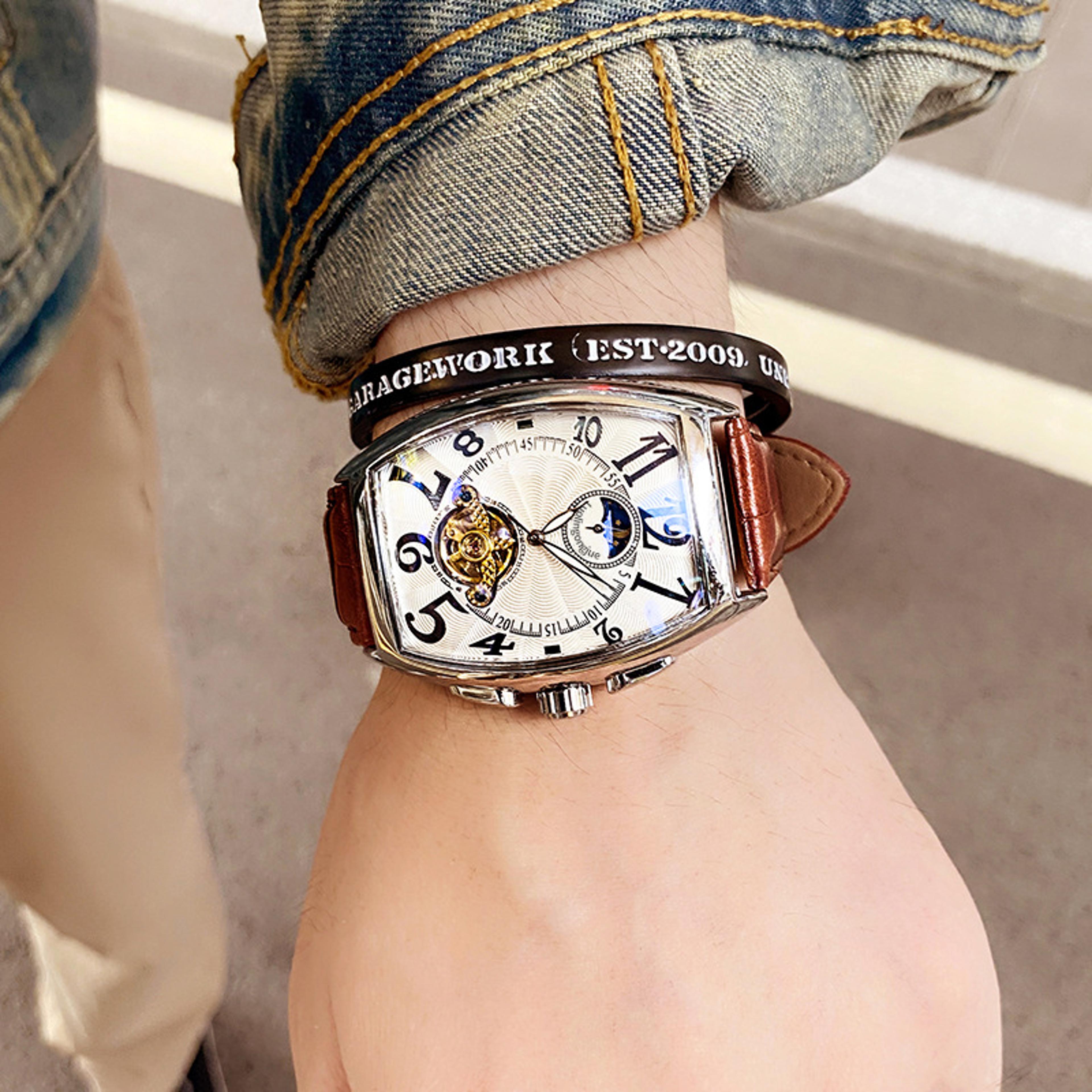 tonneau skeleton automatic mechanical watch for men