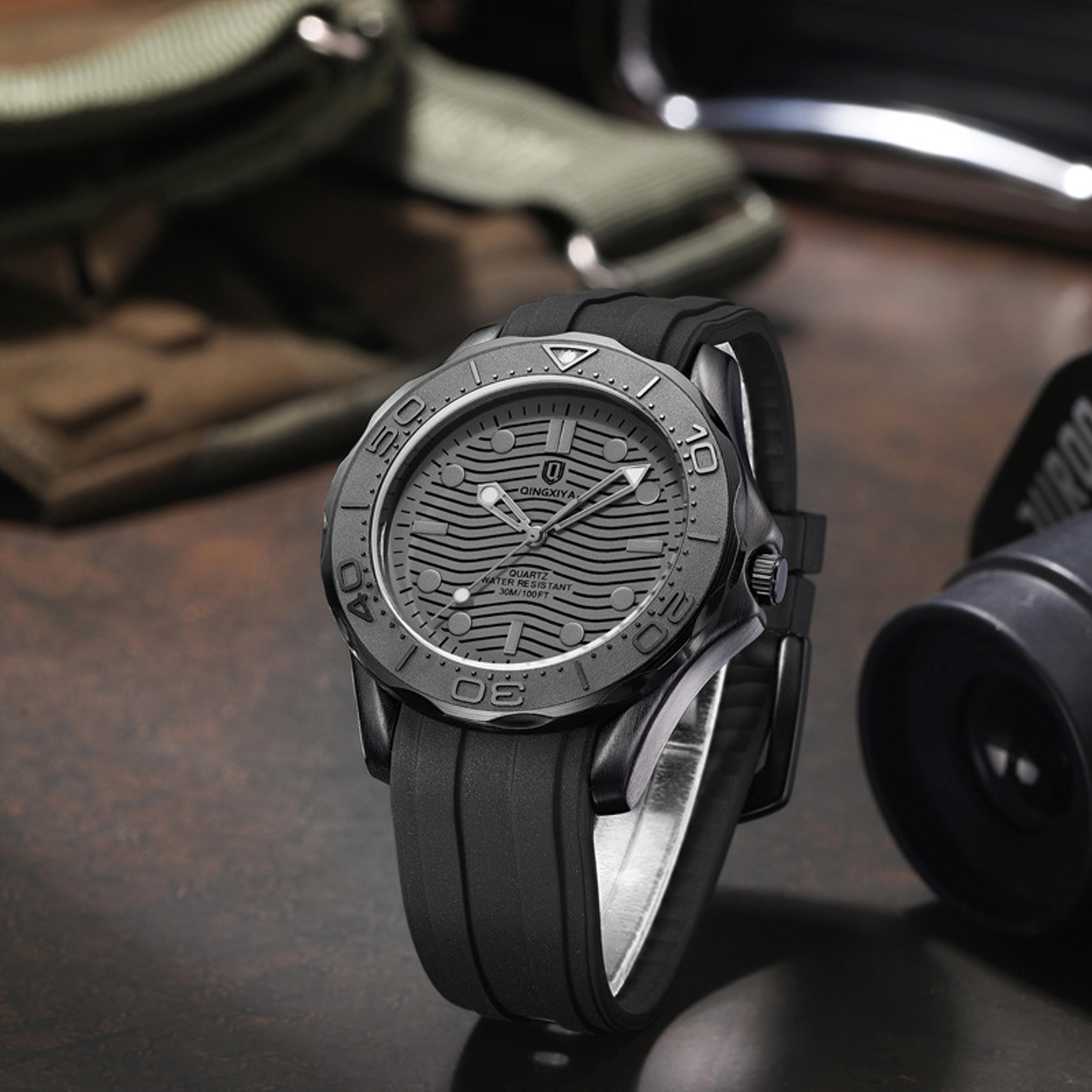 black wave dial mens quartz sports watch with rubber strap