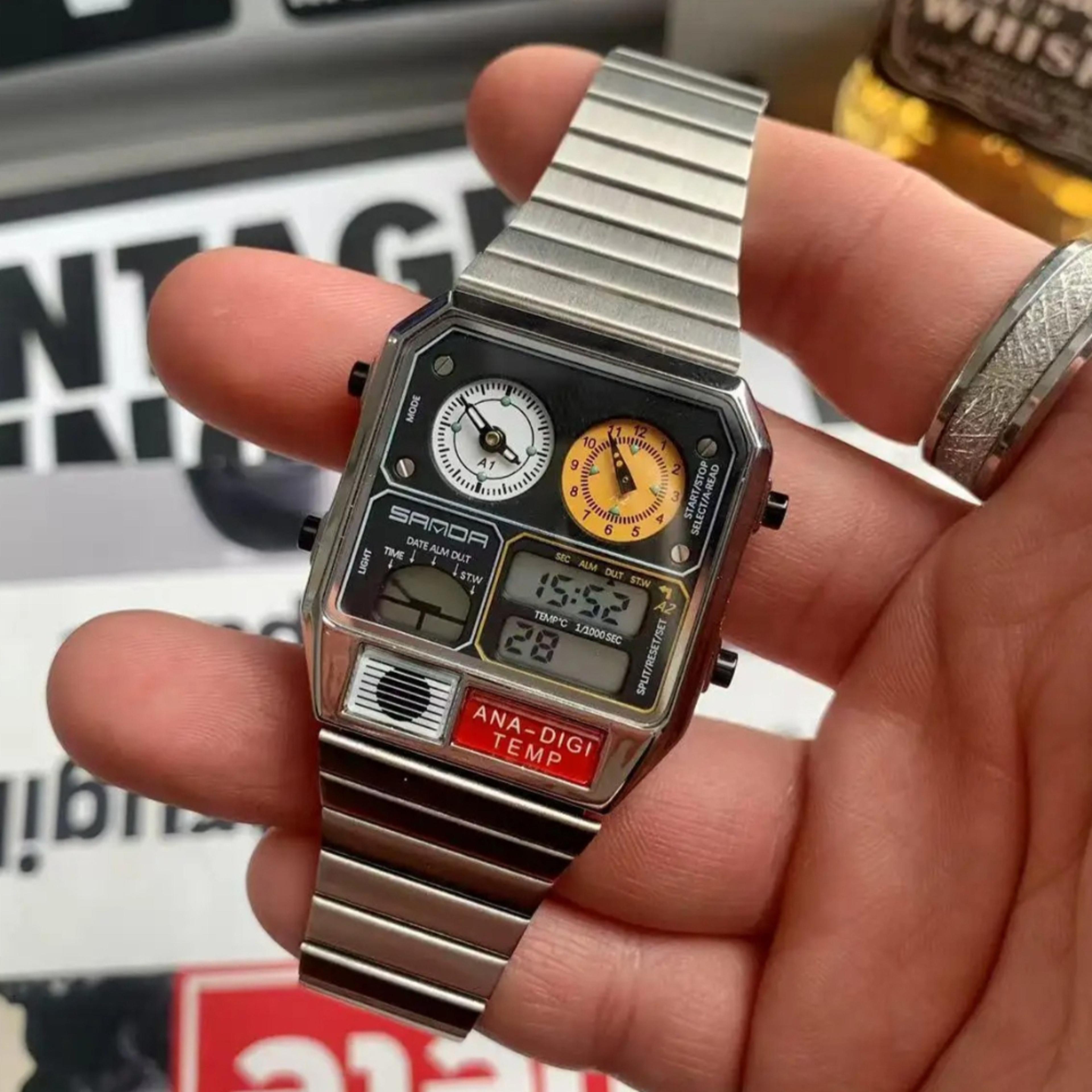 retro square dual display waterproof watch for men