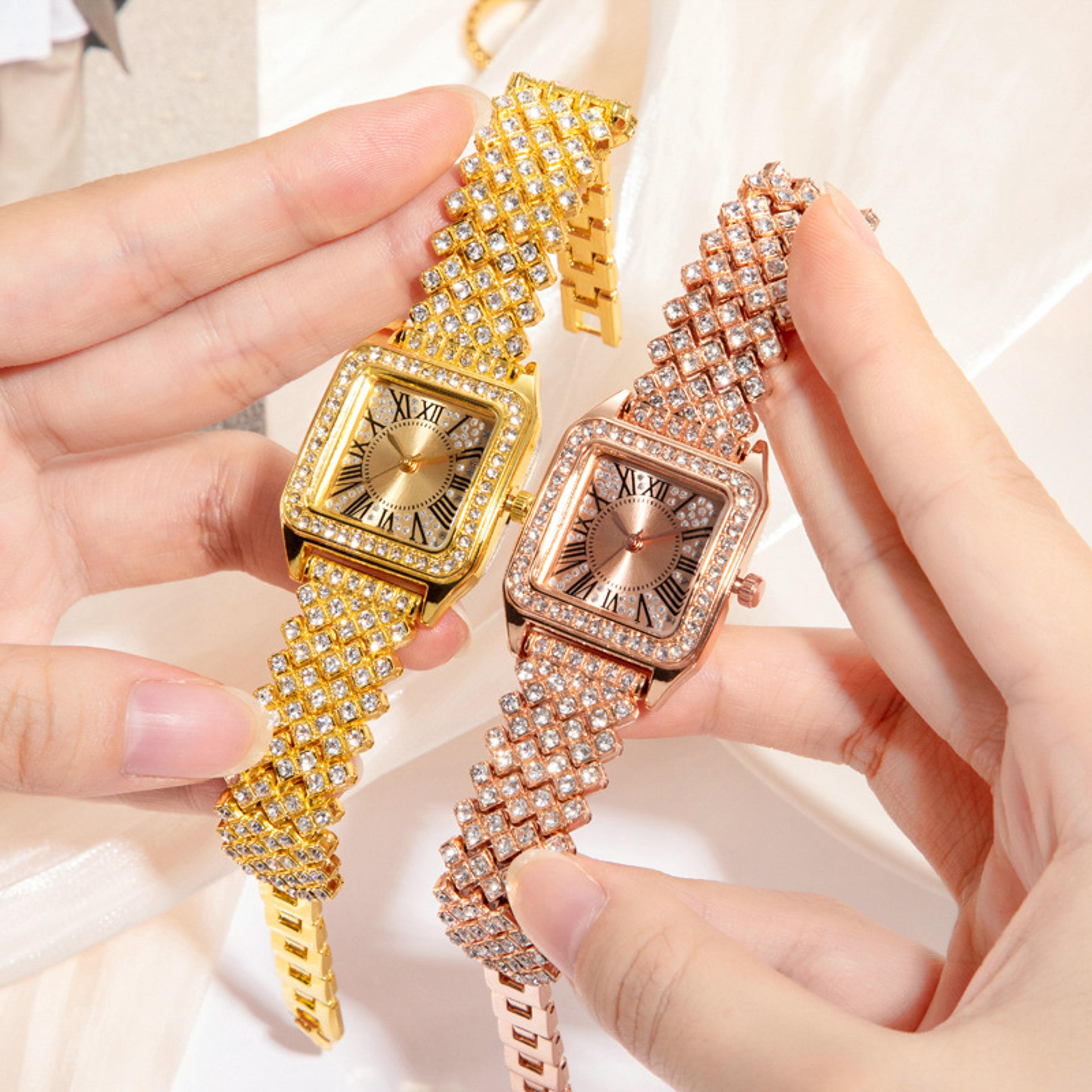 luxury gold square diamond women quartz watch with steel bracelet