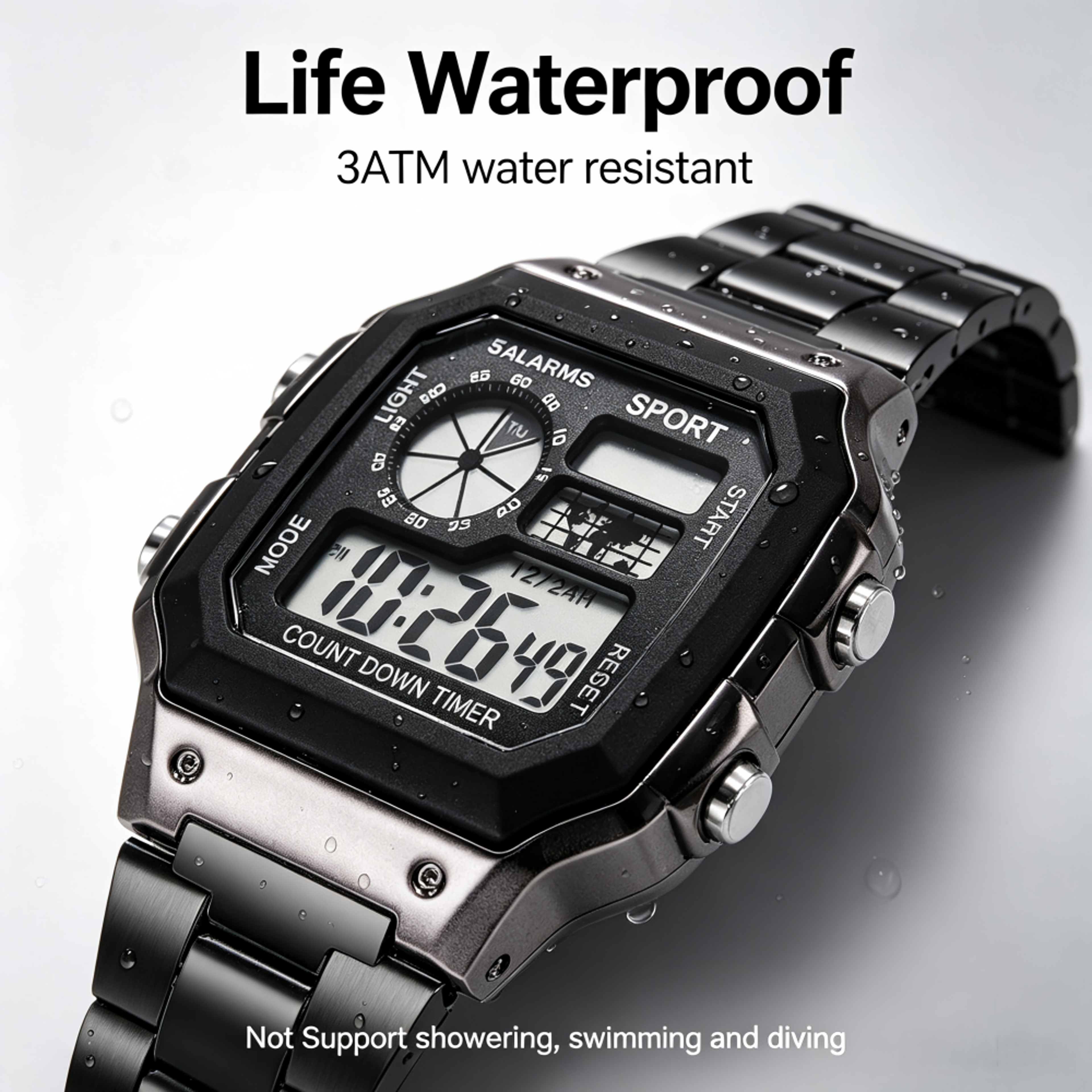 mens stainless steel digital sport watch with countdown timer and led display