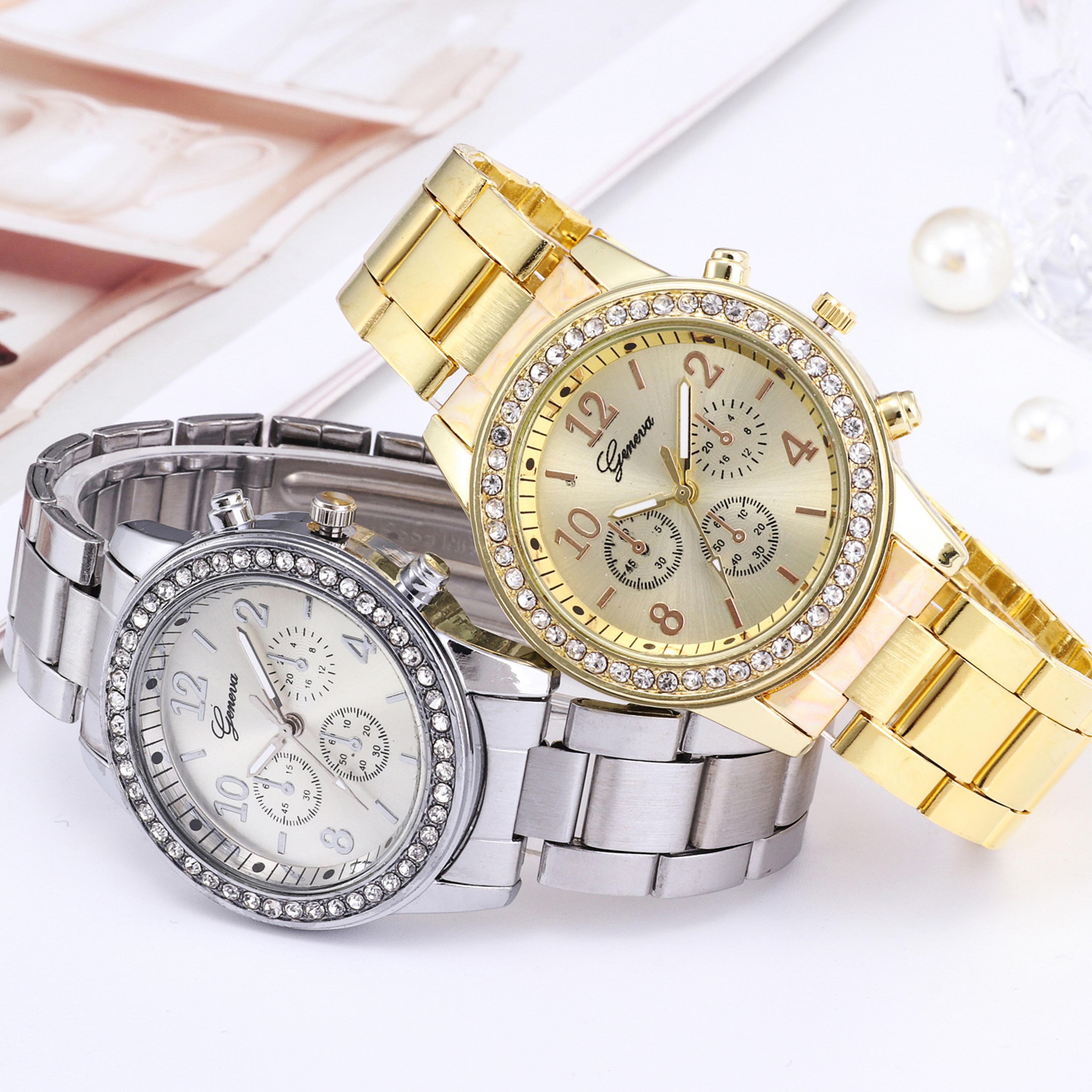 elegant gold rhinestone womens quartz watch stainless steel fashion wristwatch