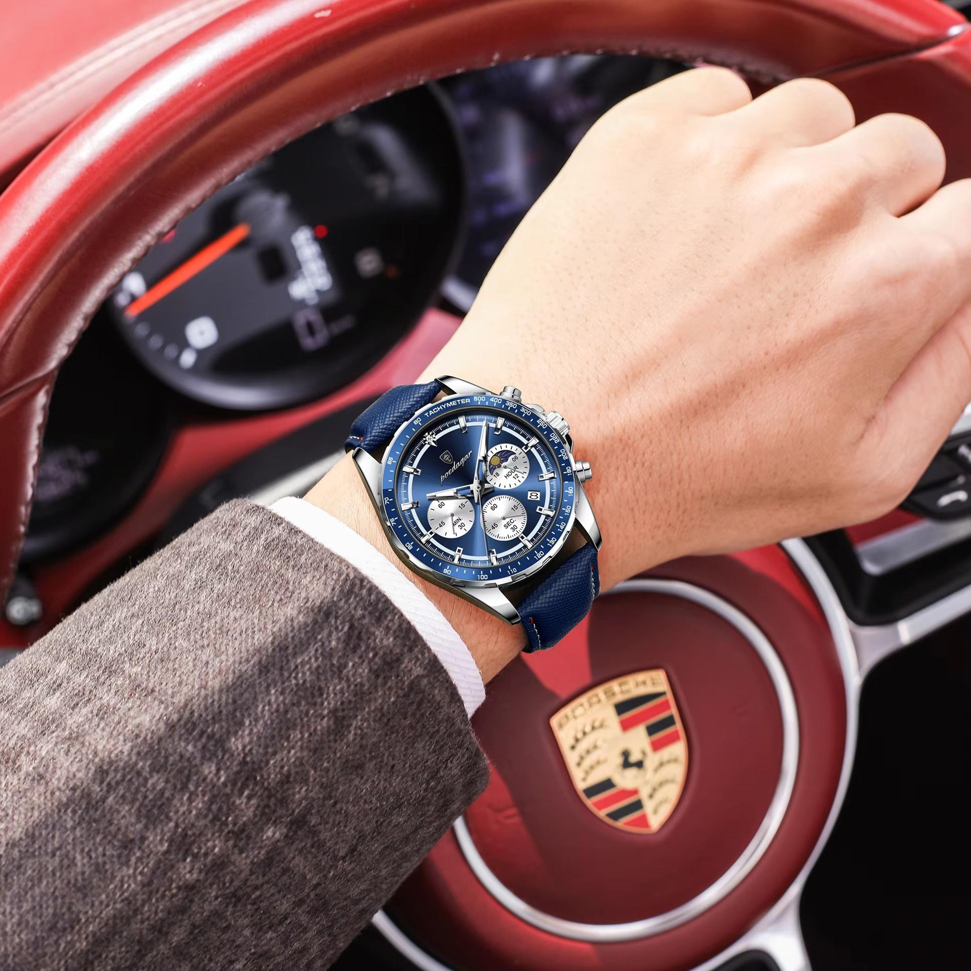 mens leather chronograph quartz watch with luminous dial date display and water resistance