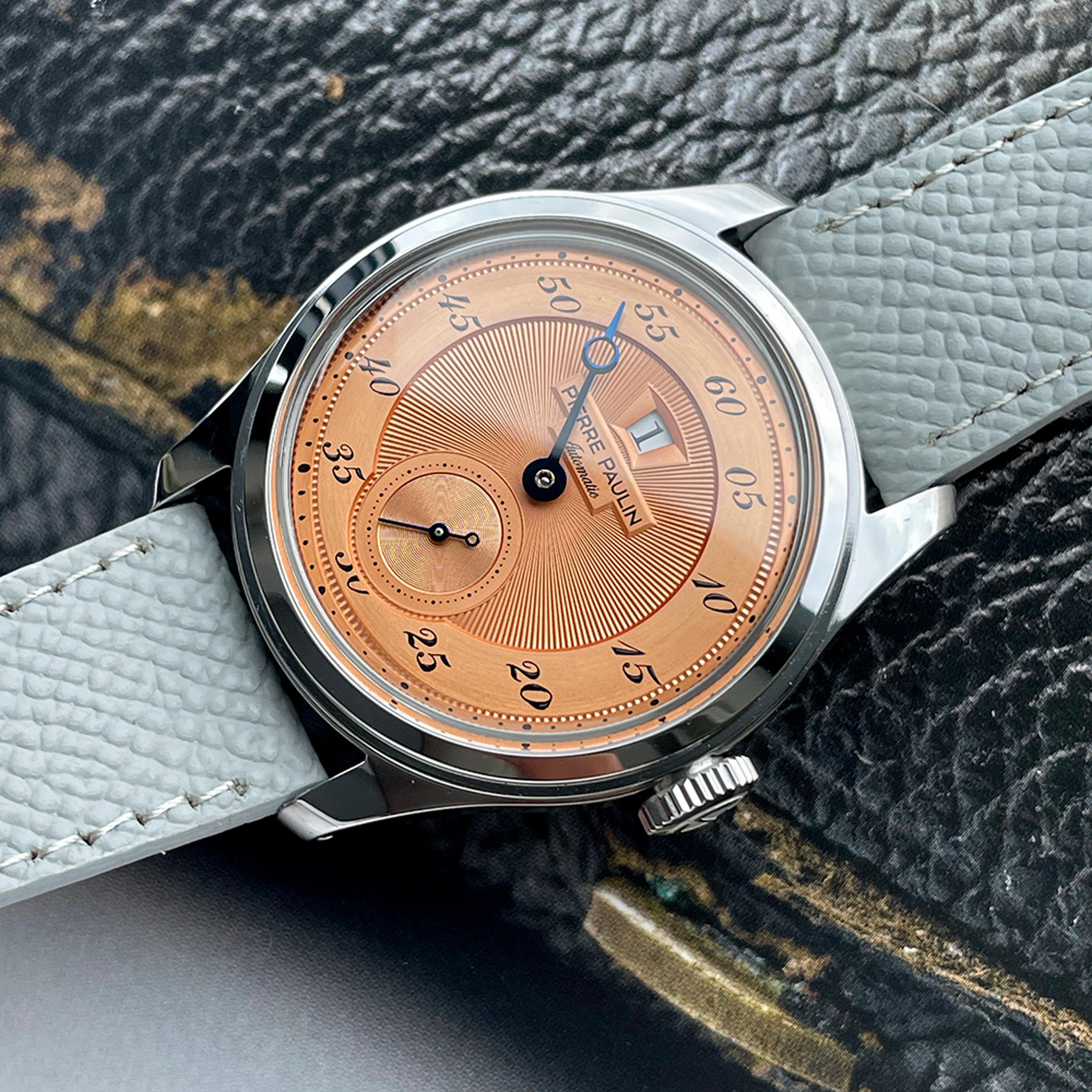 pierre paulin jump hour automatic mechanical watch salmon dial vintage mens watch