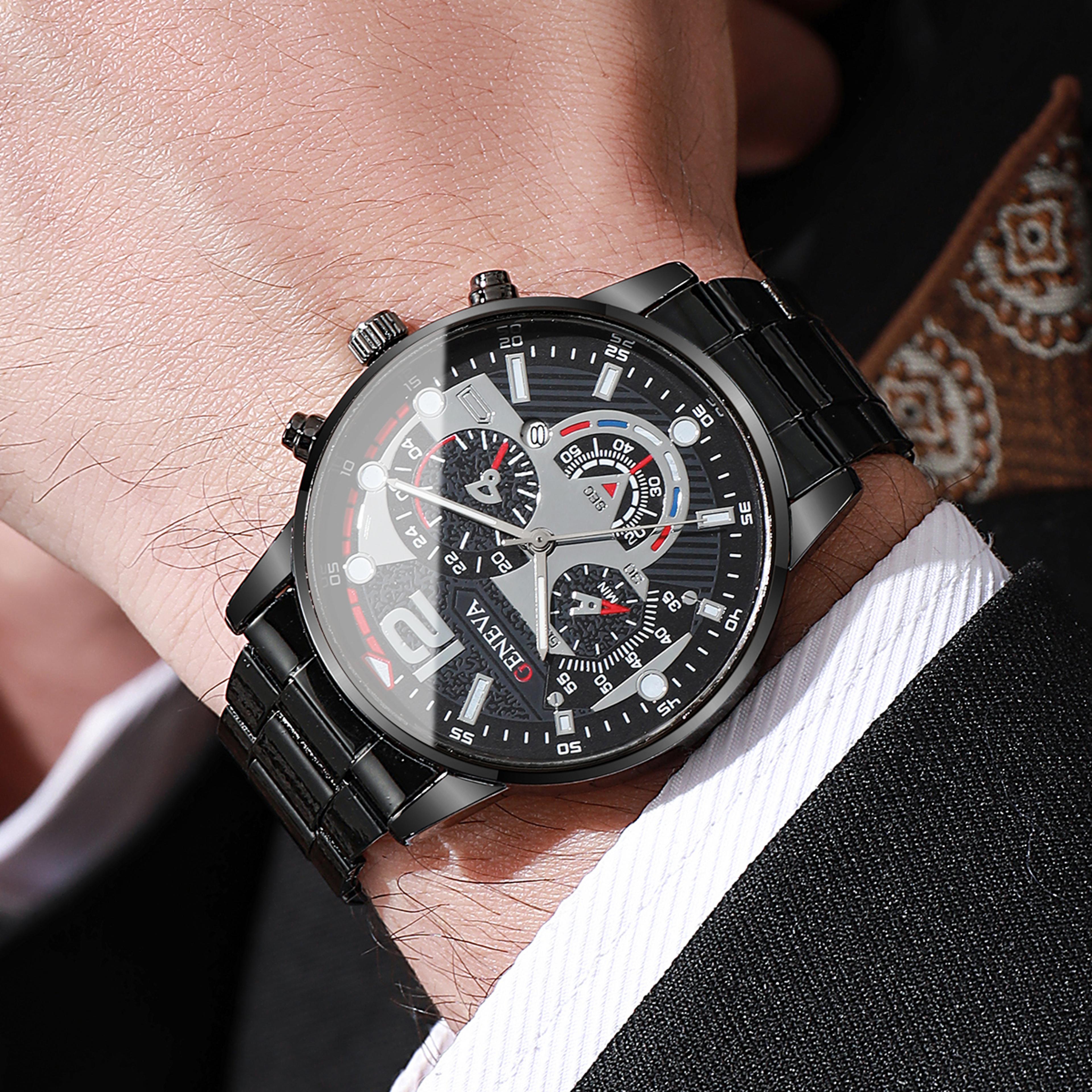 luxury mens quartz watch jewelry set three eye dial business fashion watch