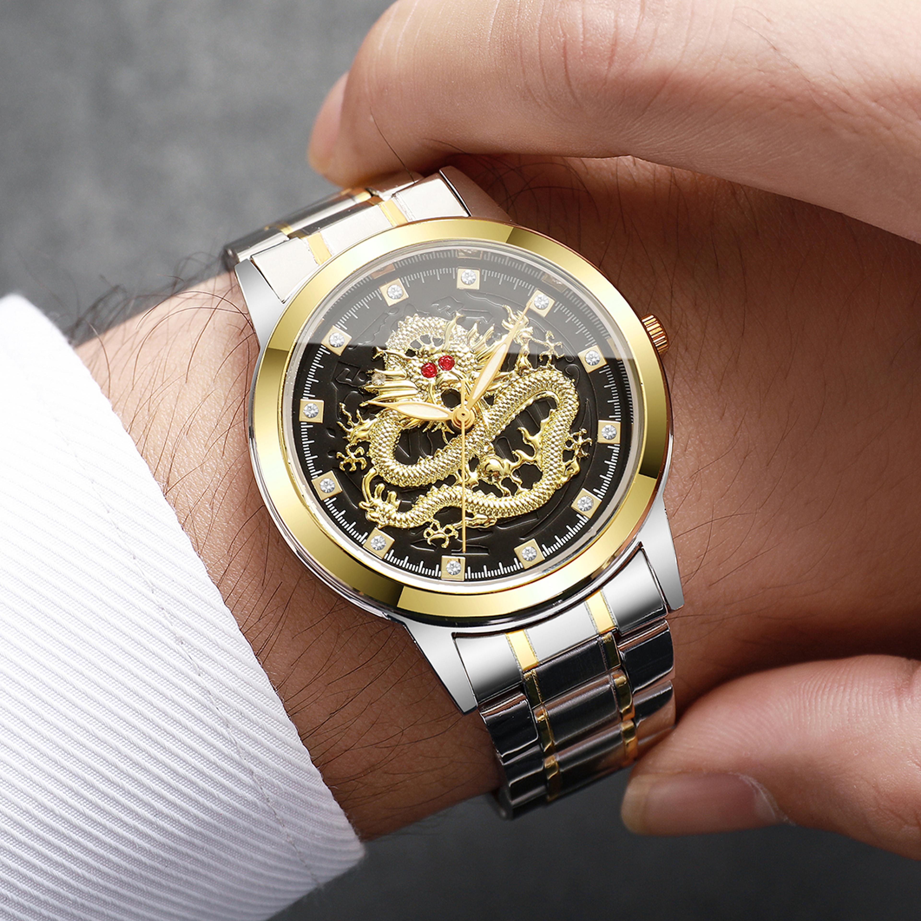 dragon dial stainless steel quartz watch for men luxury business wristwatch