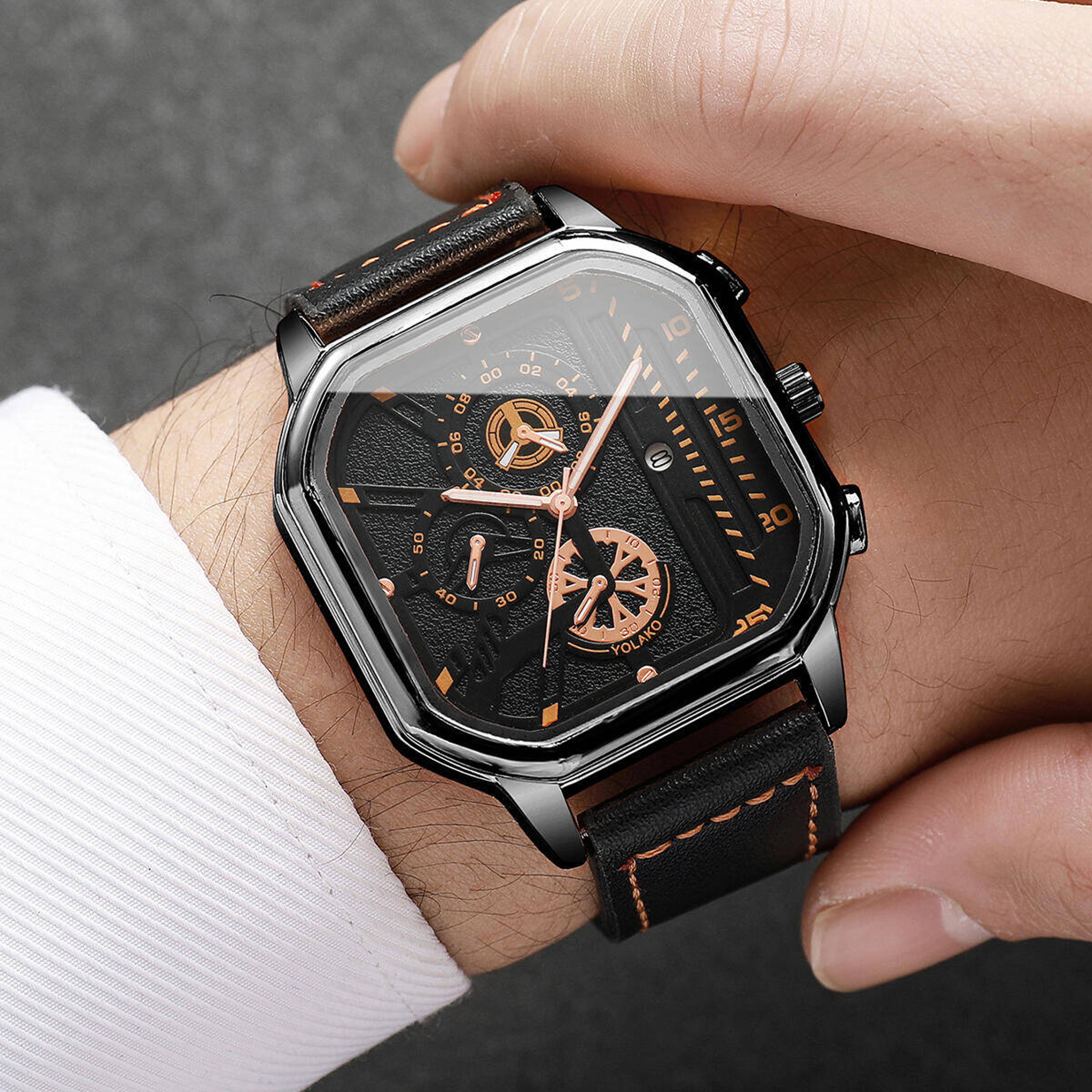 luxury large dial square quartz watch for men with casual leather strap