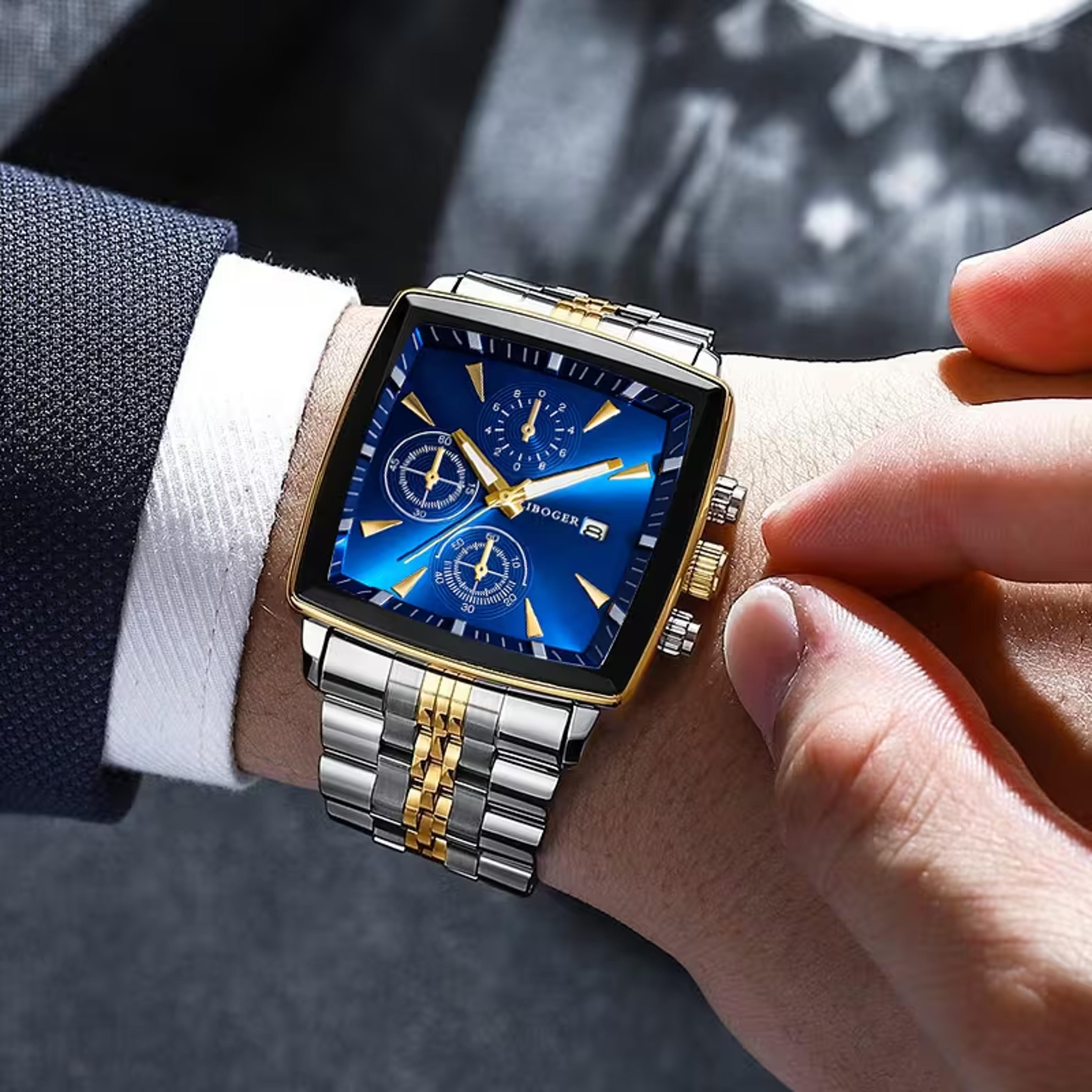 men square dial stainless steel quartz watch with calendar