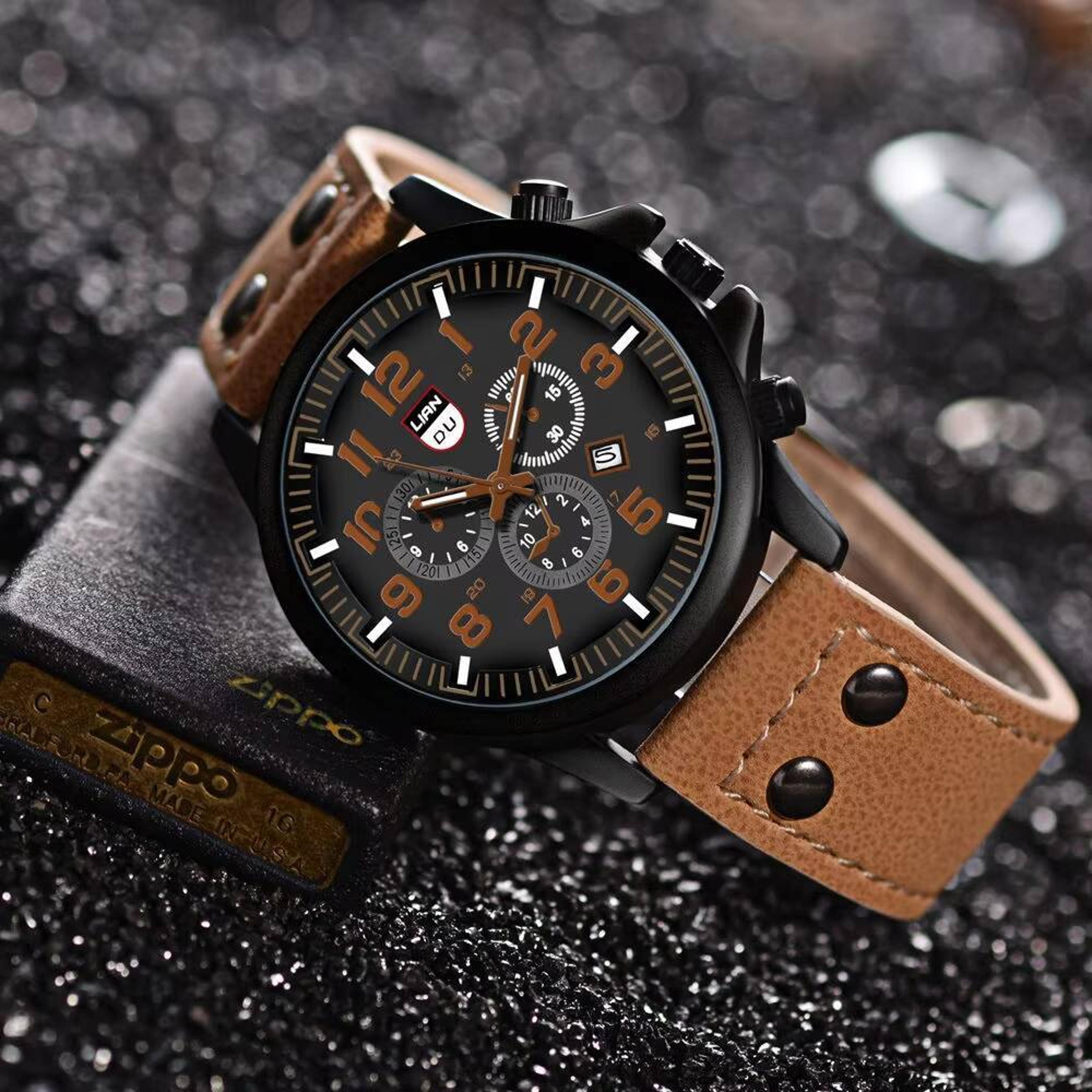 mens leather strap quartz sports watch with calendar military style wristwatch