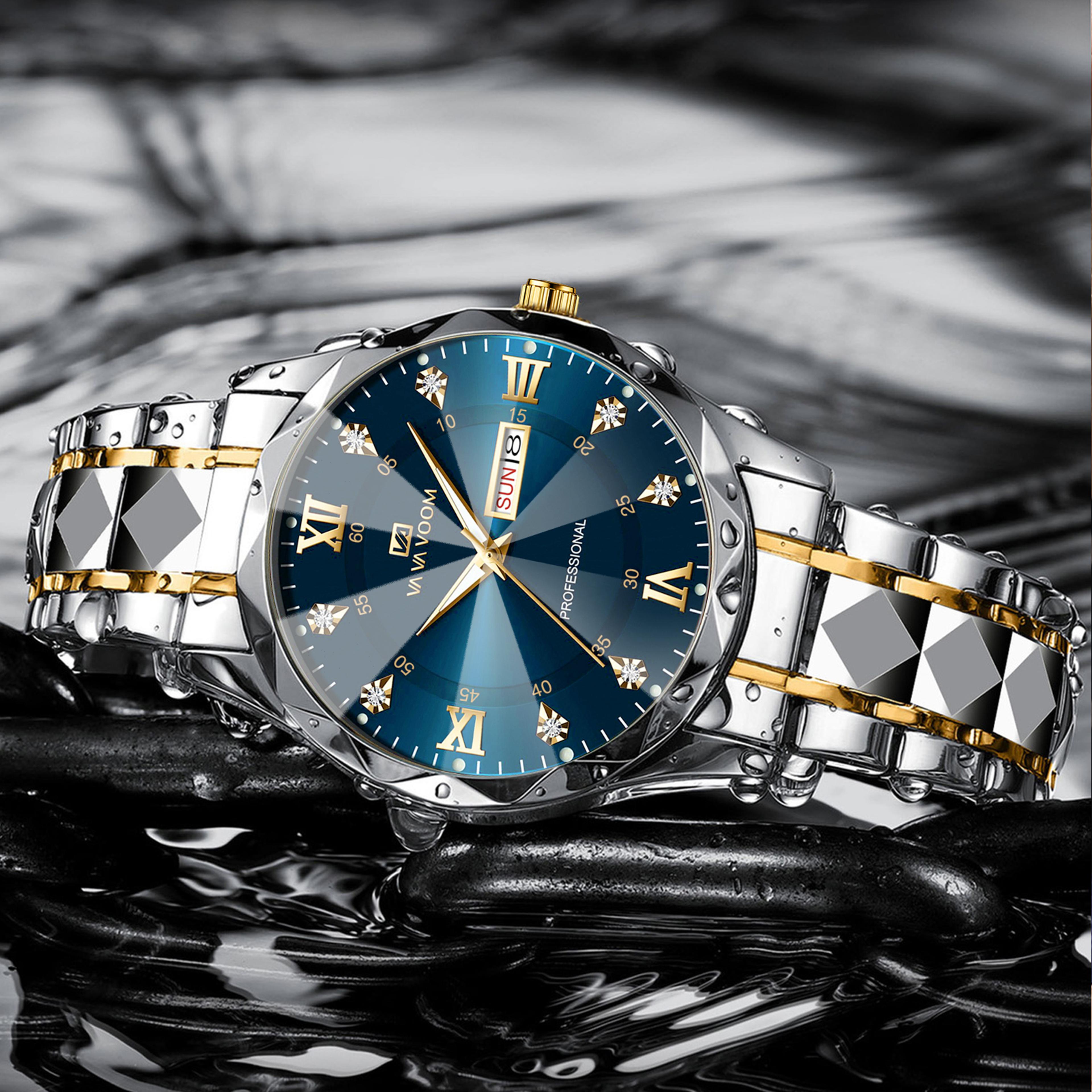 luxury mens quartz watch stainless steel luminous dual calendar business watch