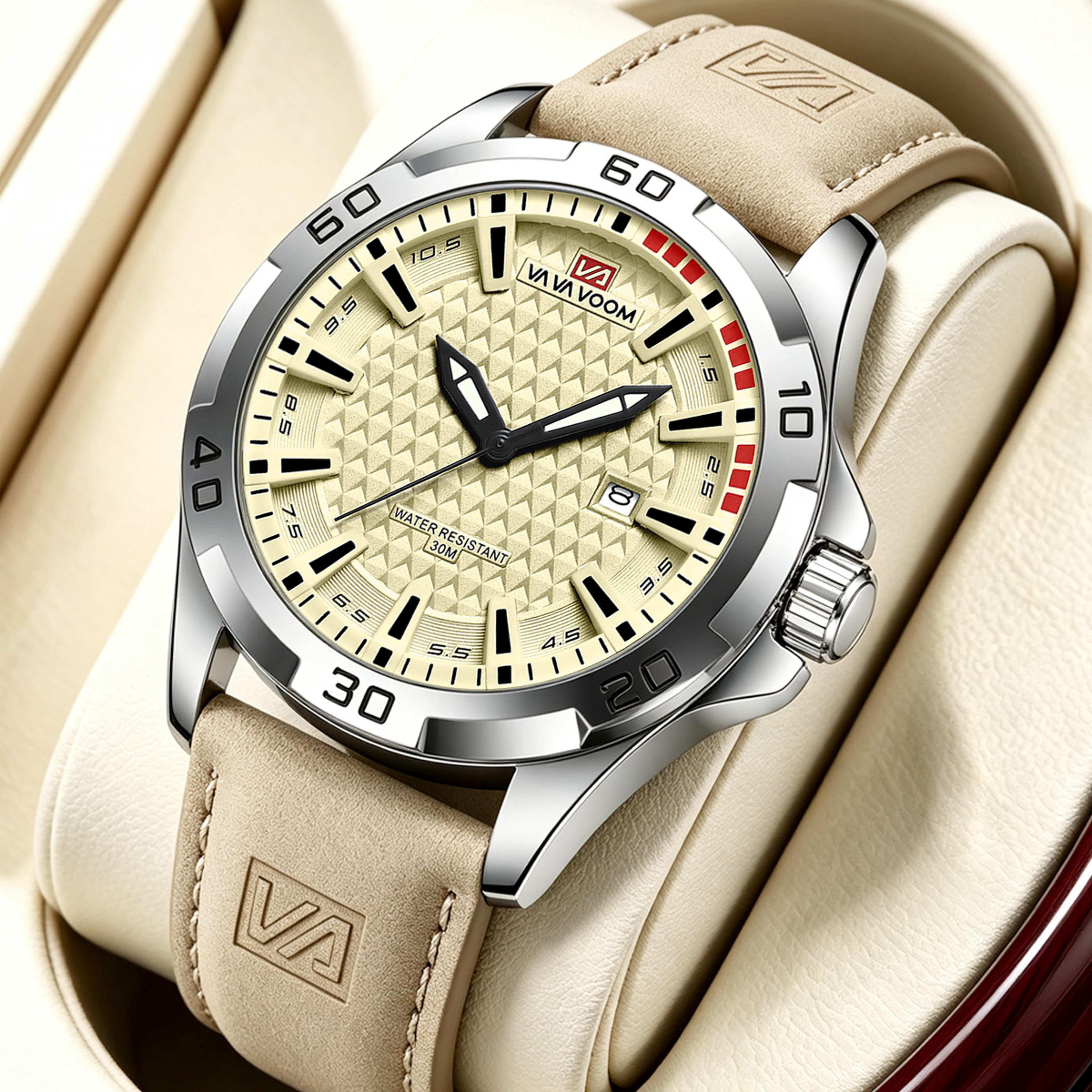 military quartz watch for men with leather strap calendar and water resistance