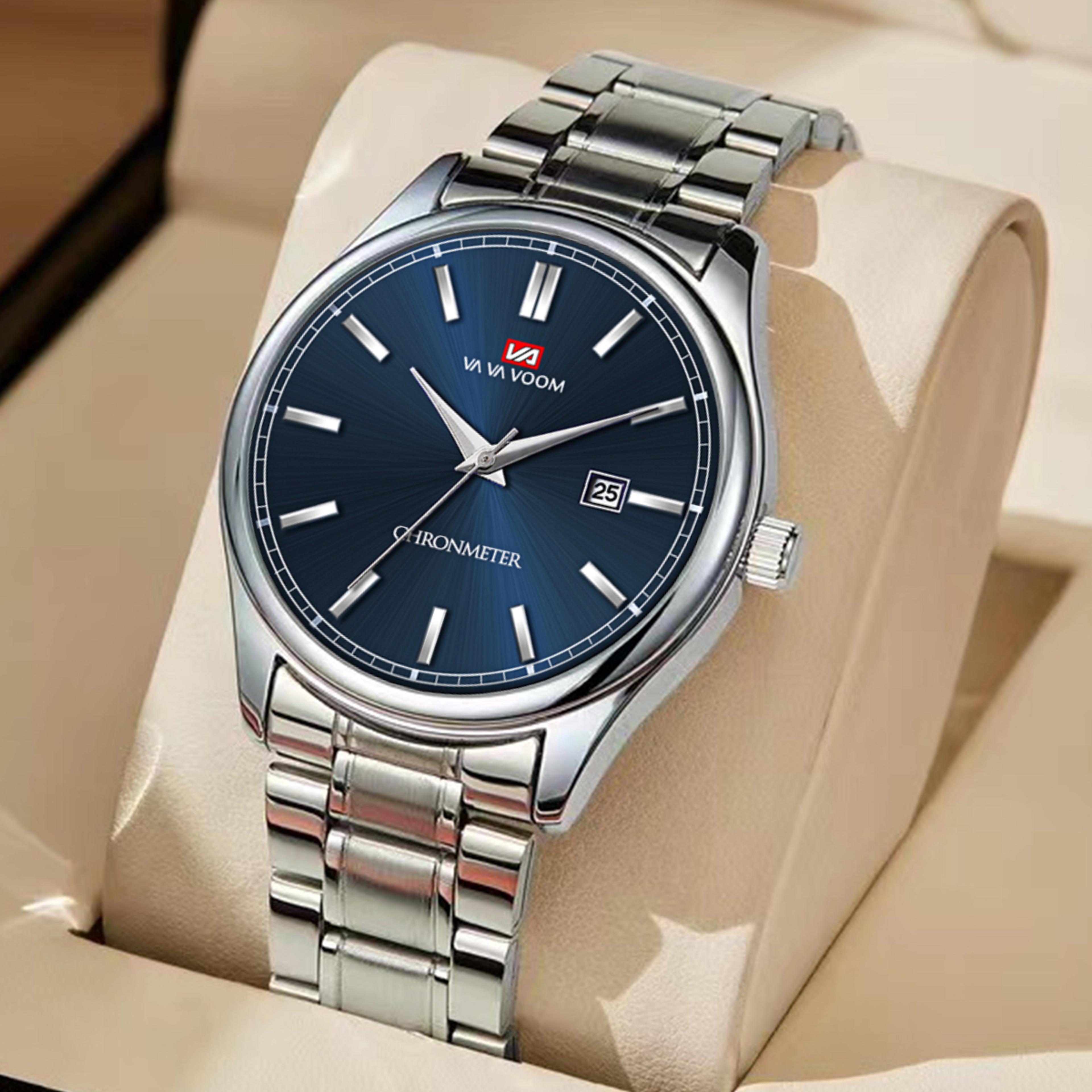 mens stainless steel business watch silver black calendar wristwatch