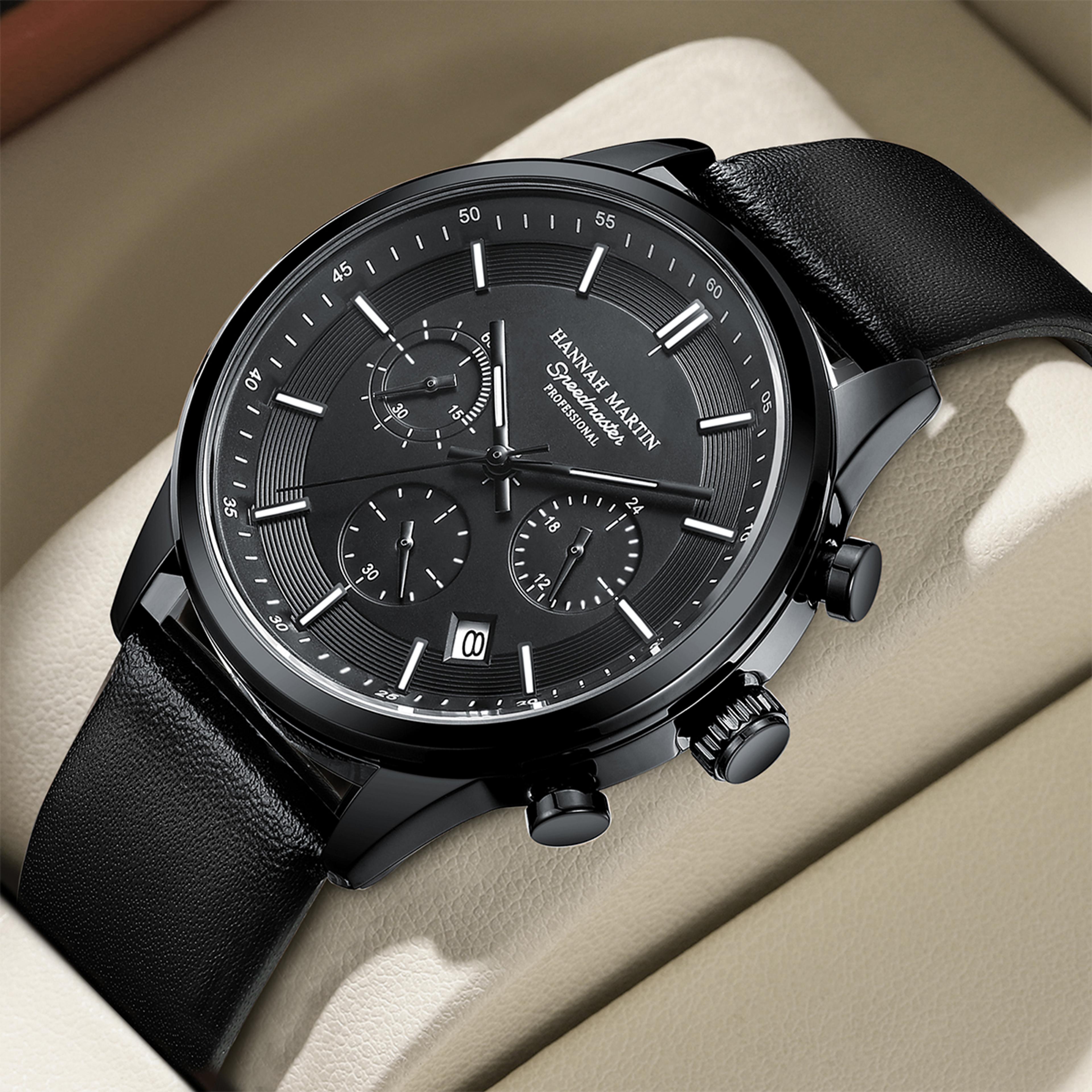 hannah martin mens chronograph watch leather strap quartz business watch