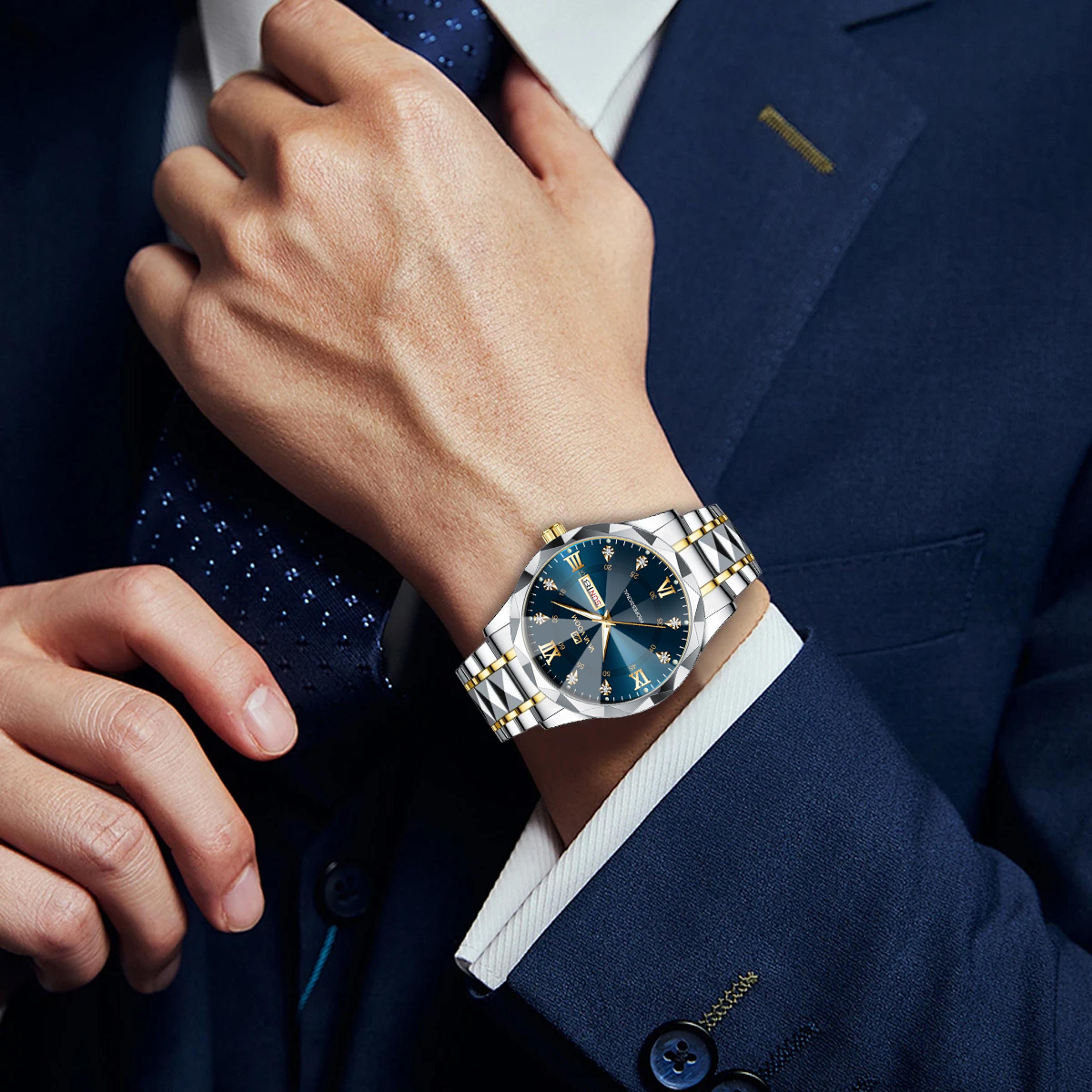 luxury mens quartz watch blue gold stainless steel watch with double calendar and luminous dial