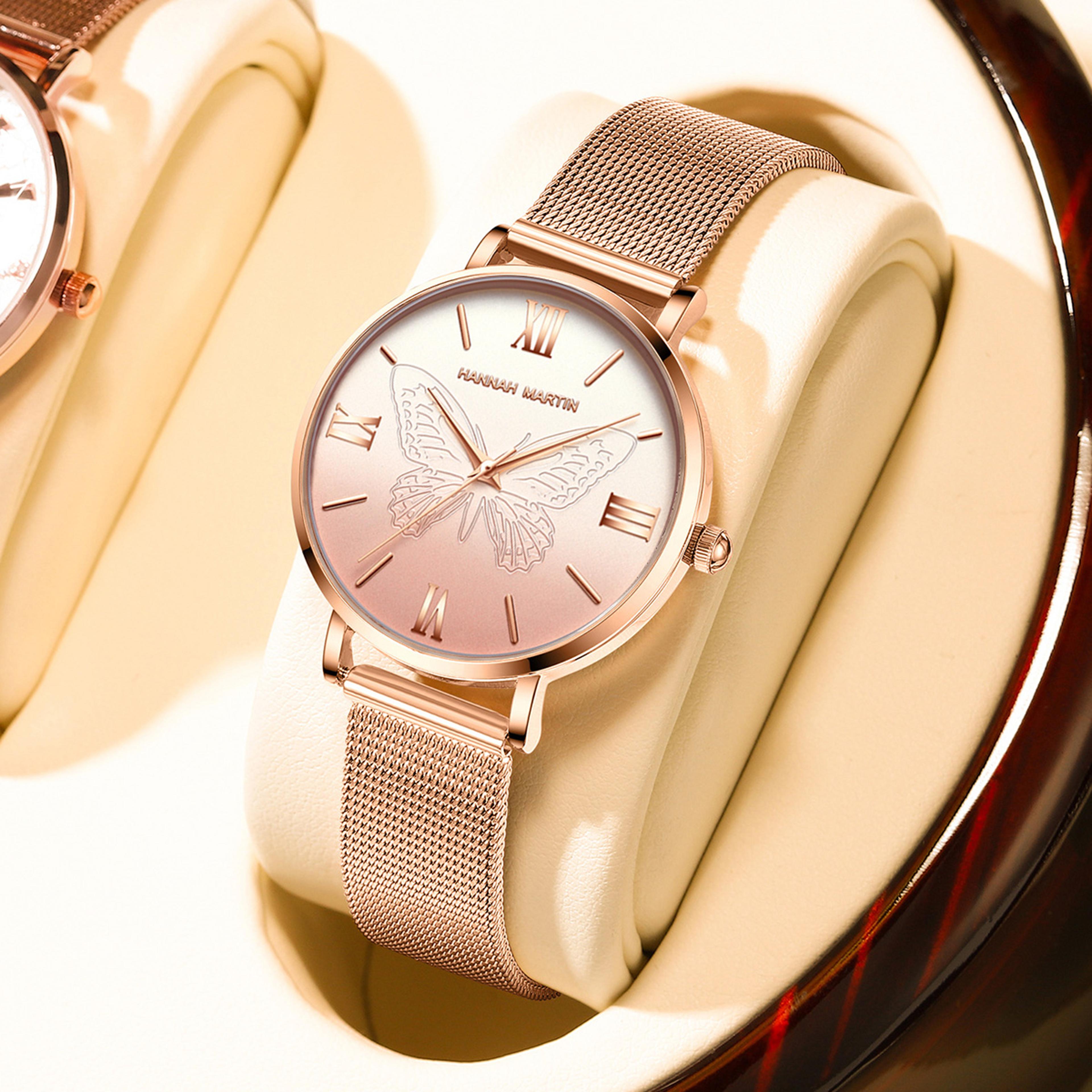 butterfly rose gold womens quartz watch with stainless steel mesh band