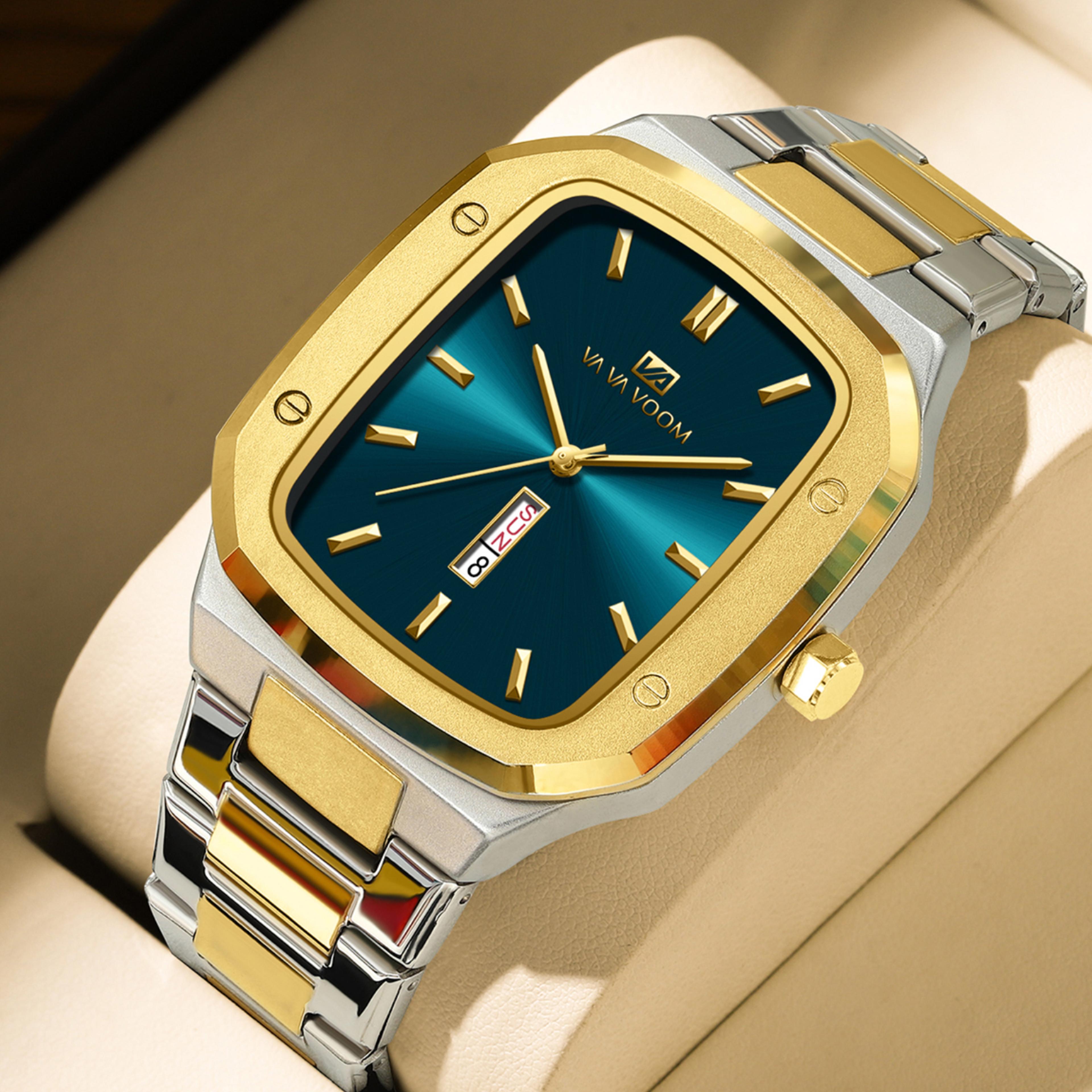 men square quartz watch stainless steel blue gold business day date wristwatch
