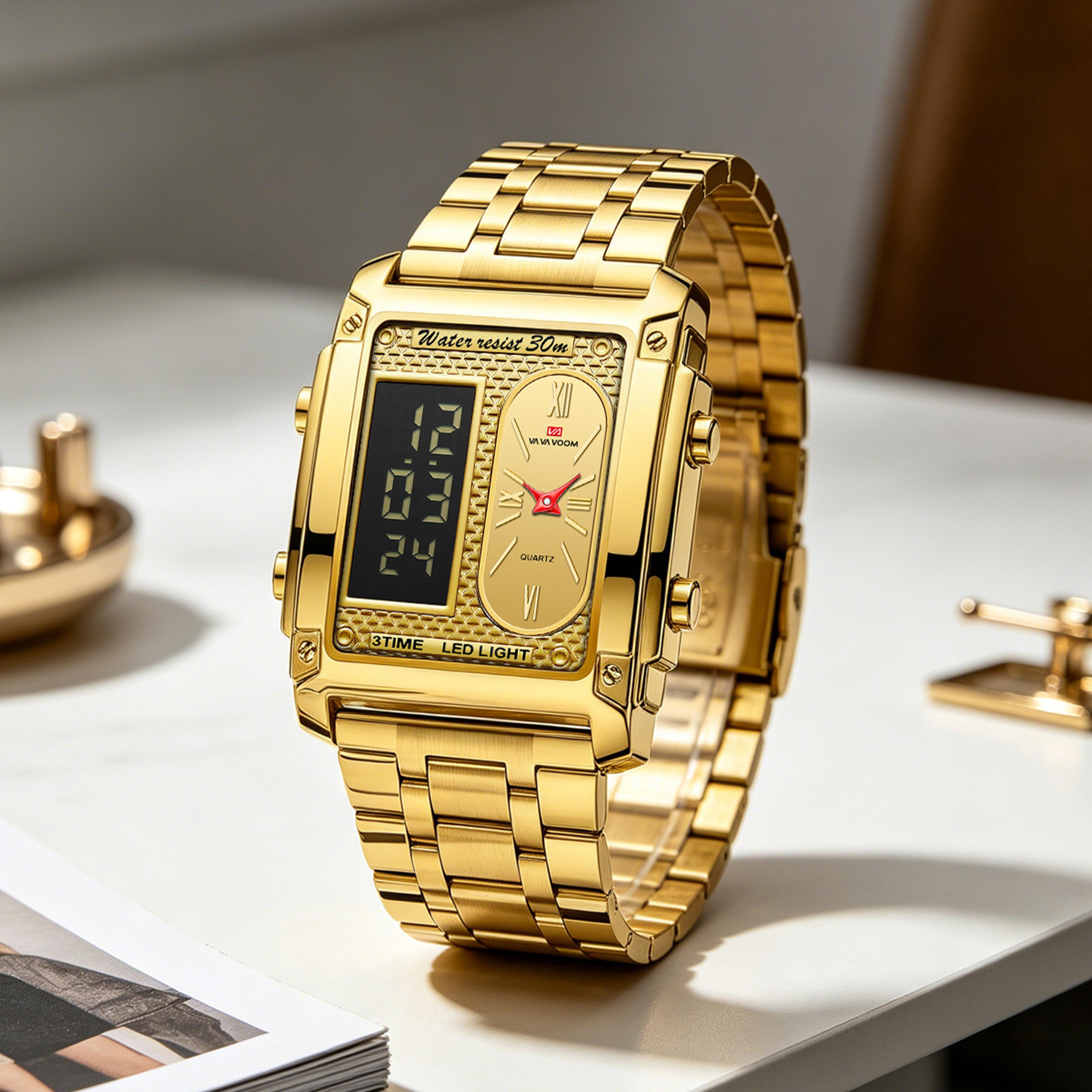 mens led digital watch rectangular display gold stainless steel business wristwatch