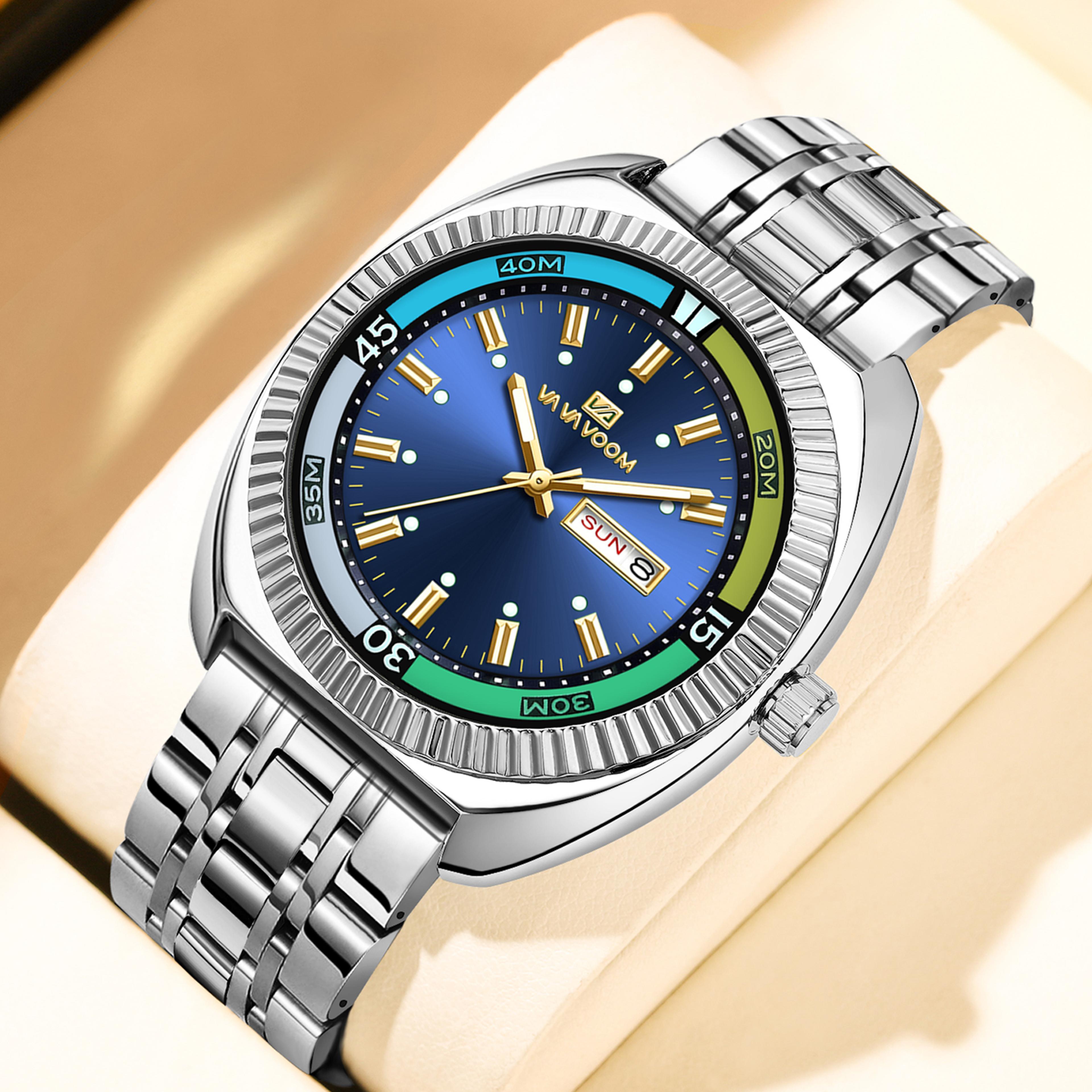 gold tone green dial stainless steel quartz watch for men water resistant