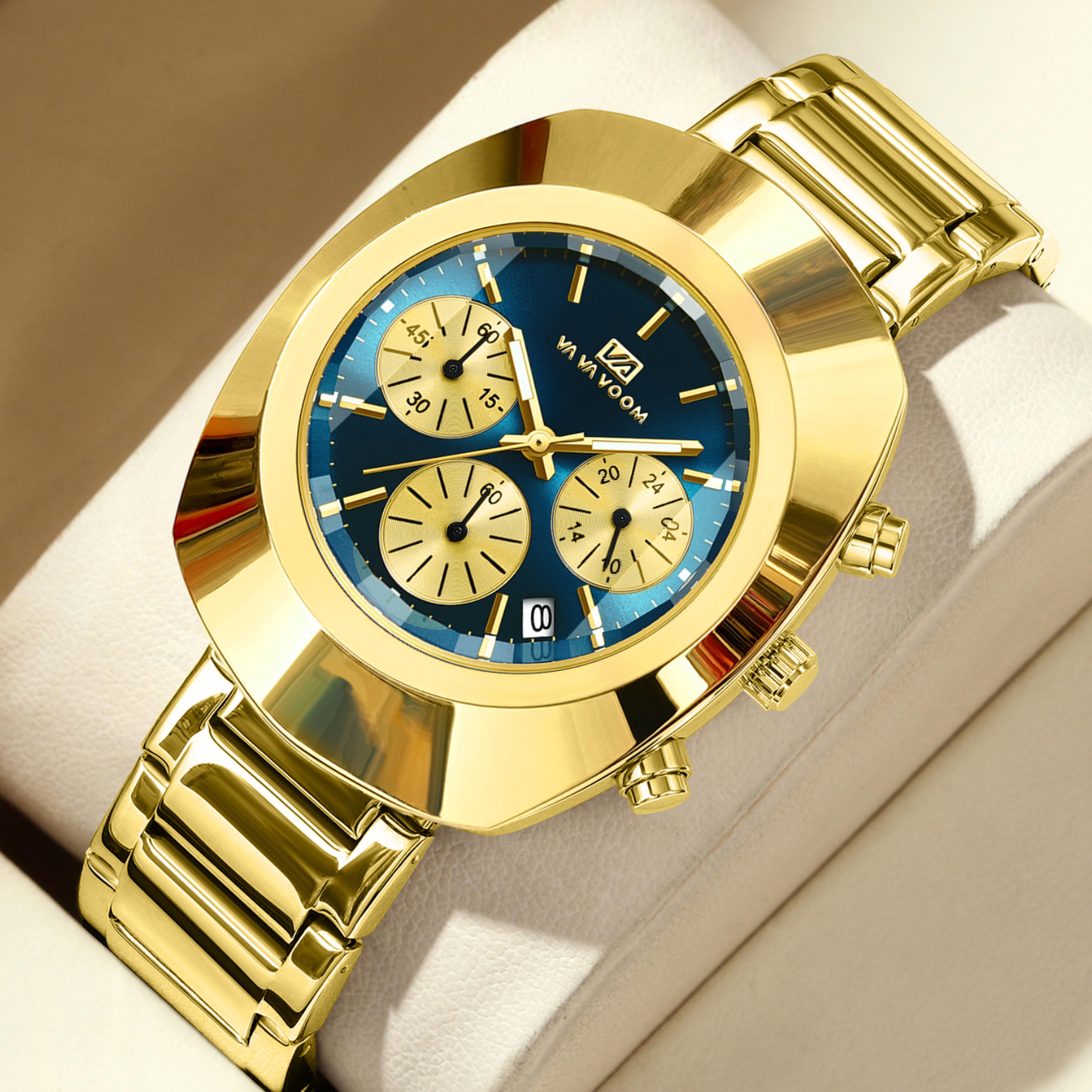 blue gold oval multifunction quartz watch for men stainless steel business sports wrist watch