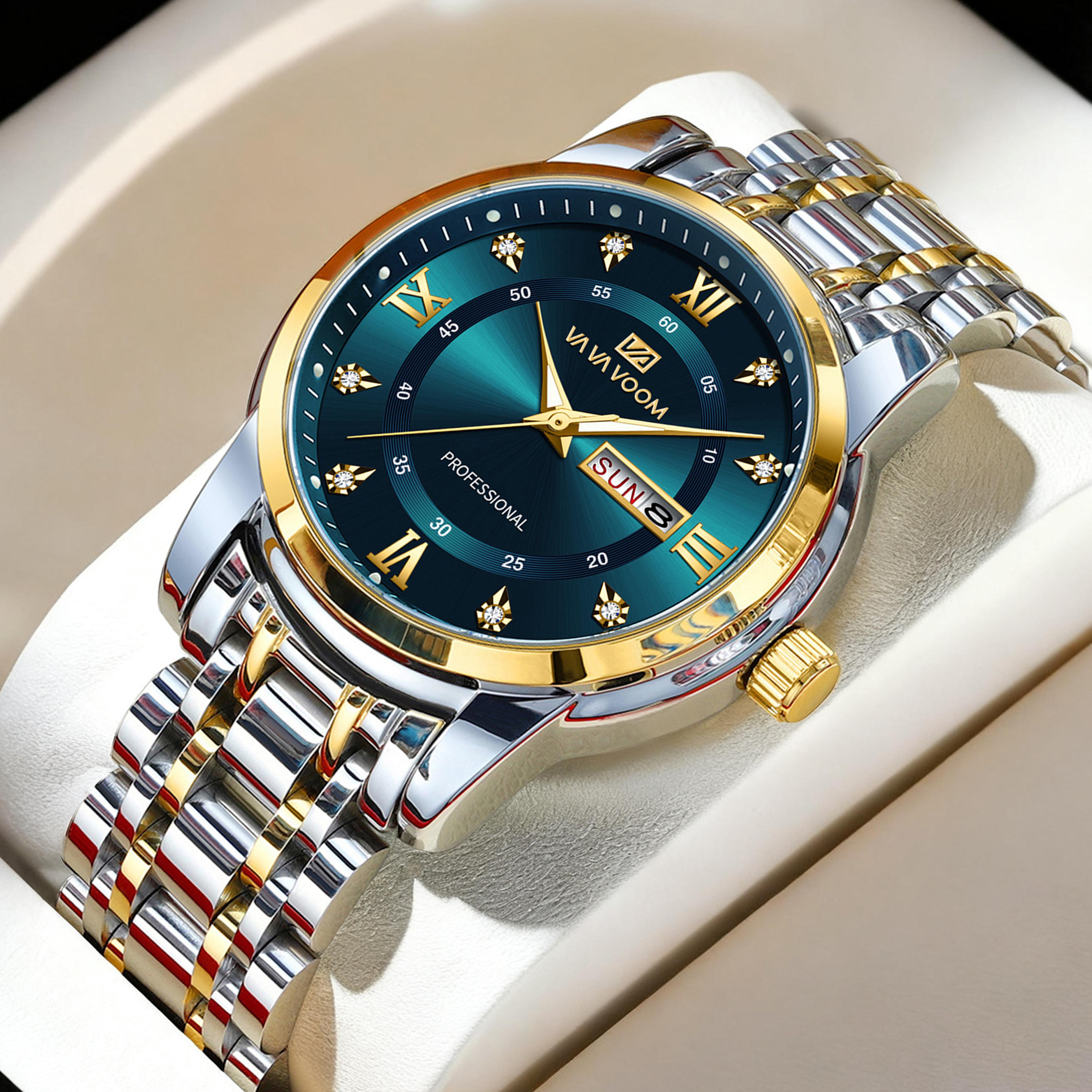blue dial mens quartz watch two tone stainless steel business watch