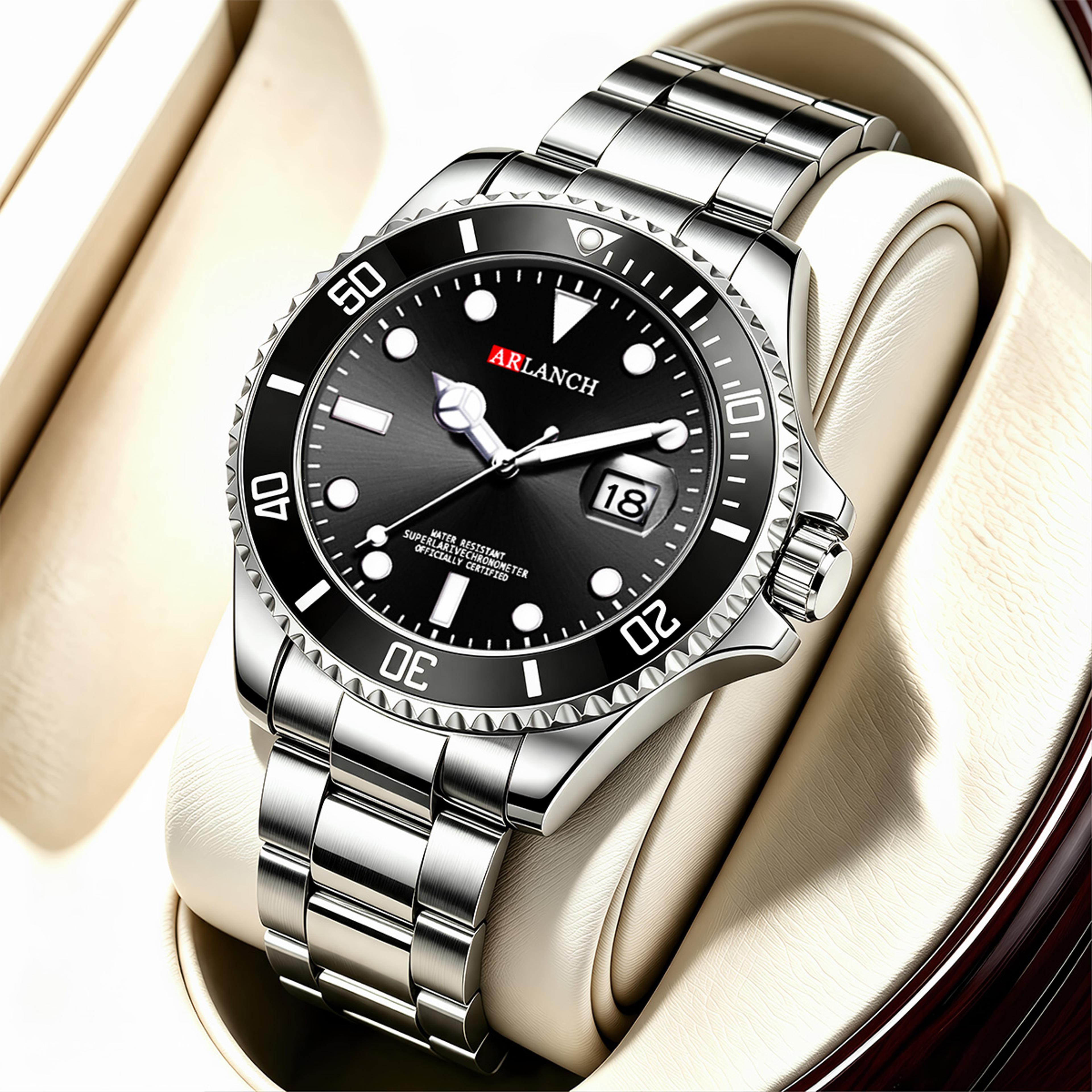 stainless steel quartz watch for men with red blue bezel and magnified date