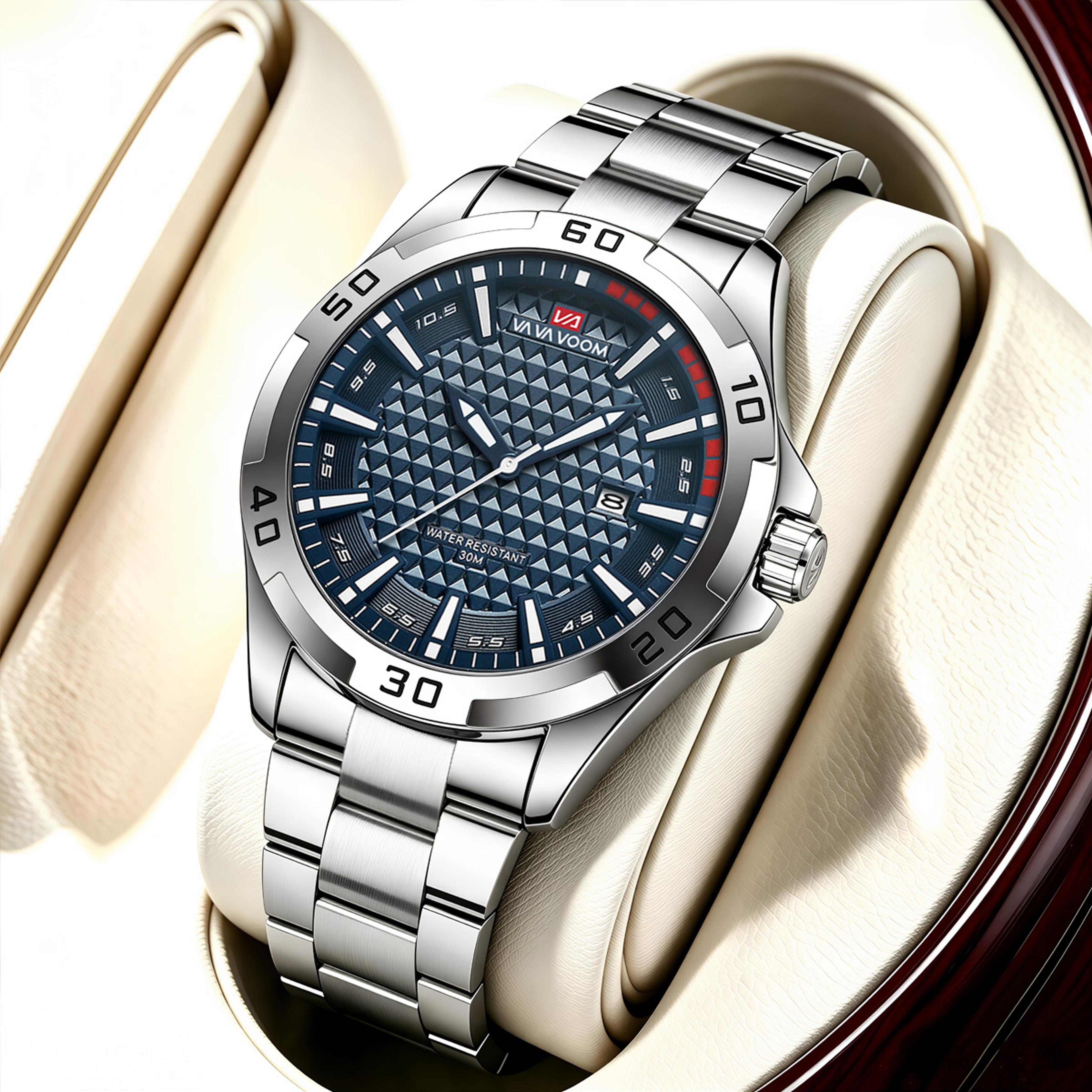stainless steel mens watch blue silver waterproof business calendar wristwatch