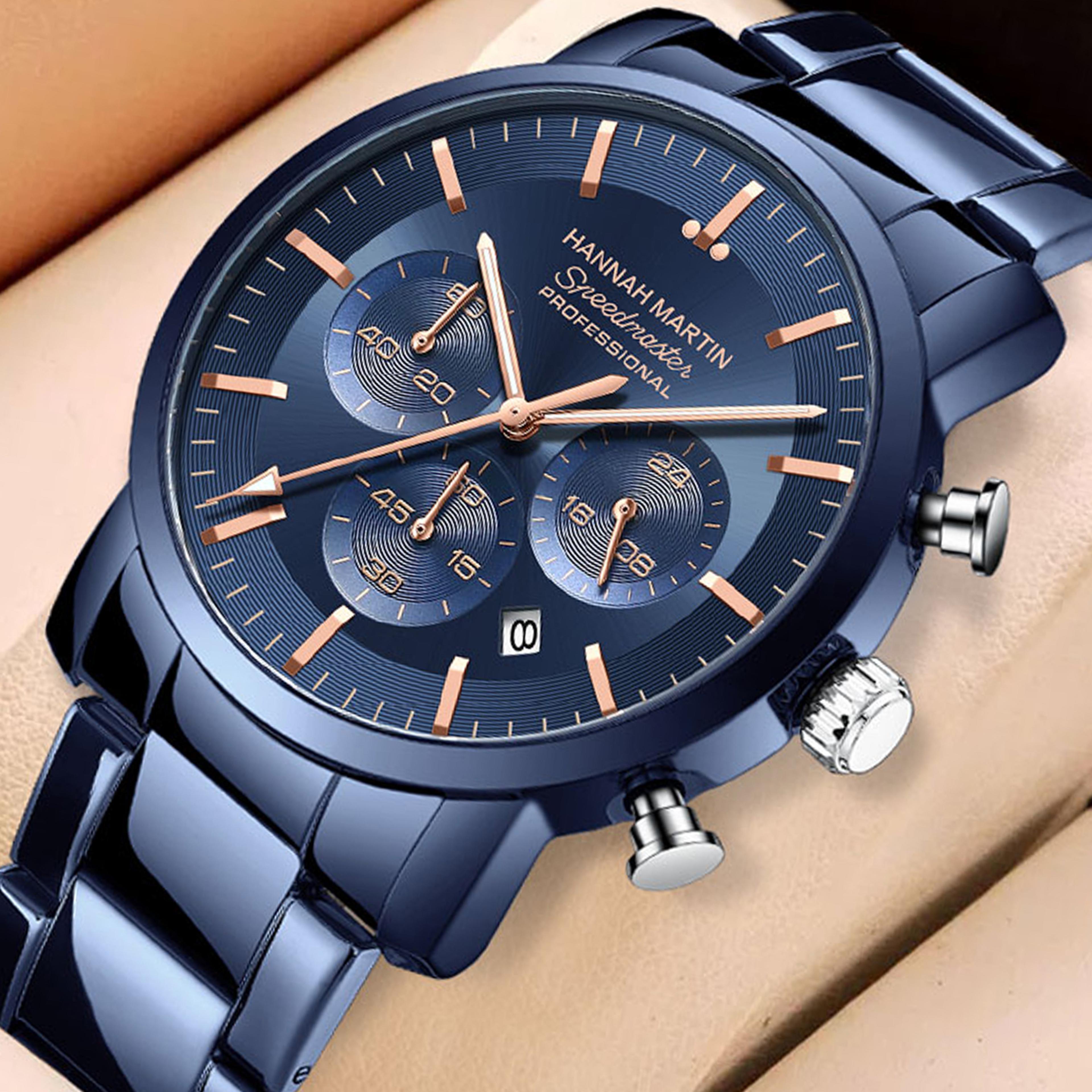 hannah martin mens chronograph watch blue silver stainless steel mens watch