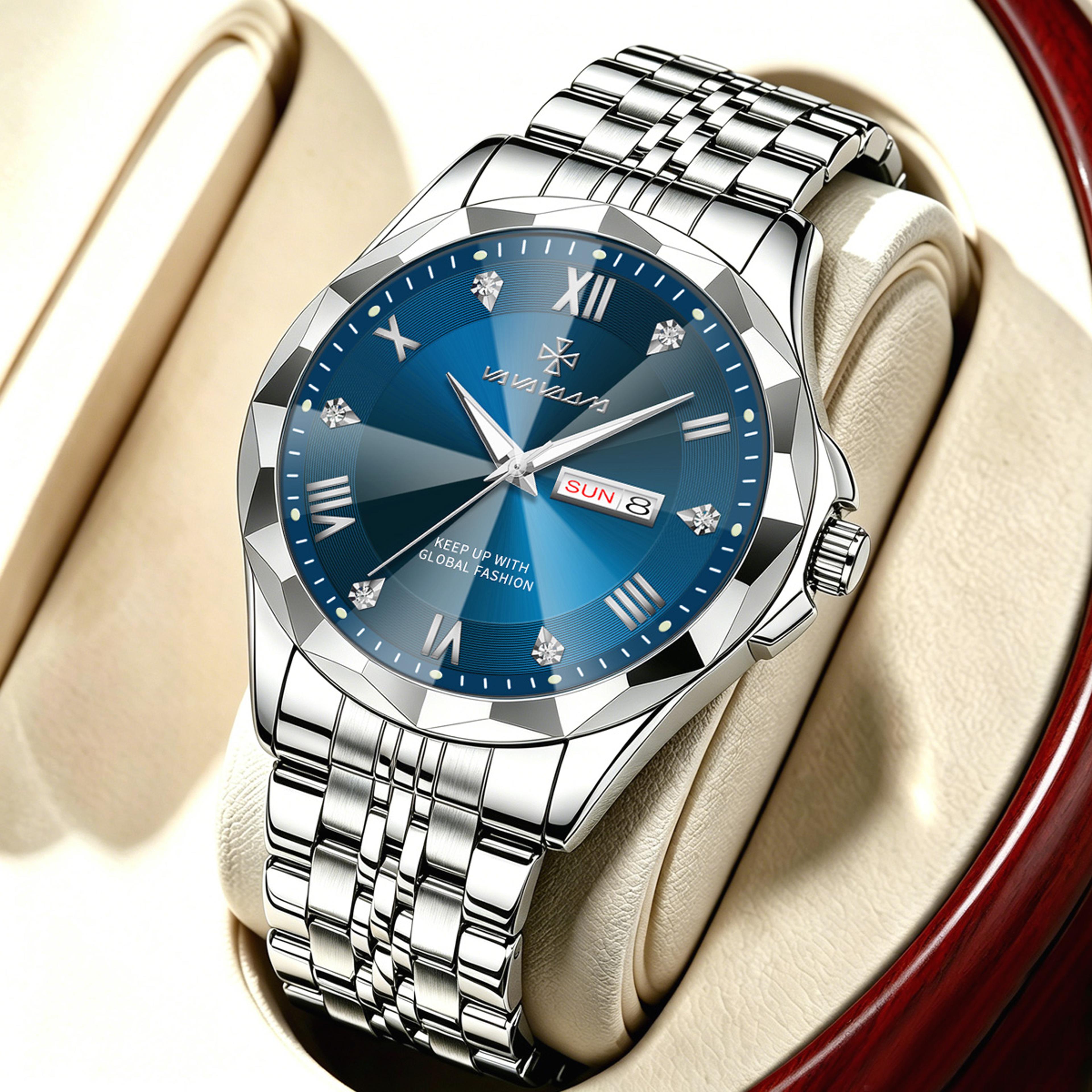 mens quartz watch stainless steel business watch with week calendar