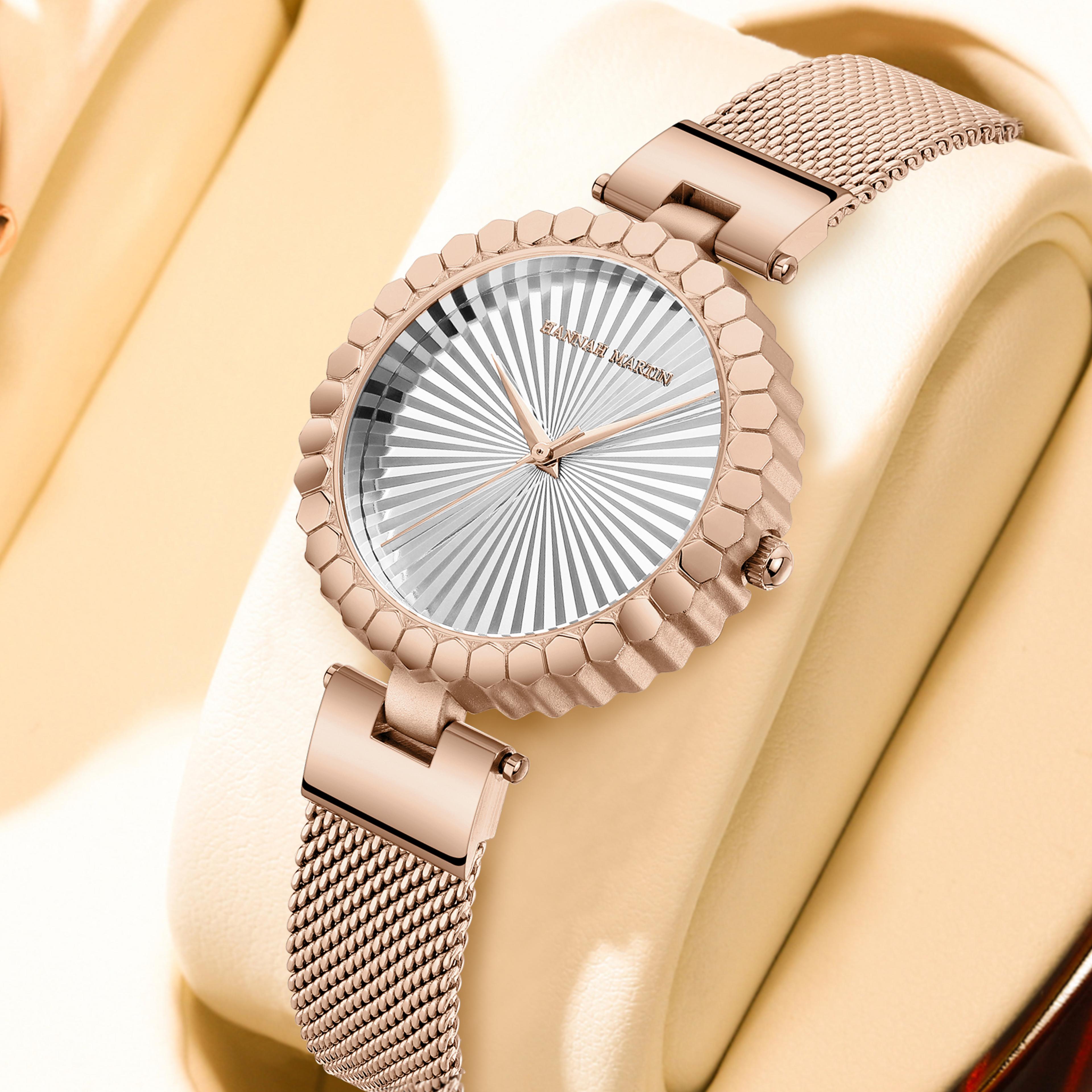 martin gold geometric dial women quartz watch with stainless steel mesh strap