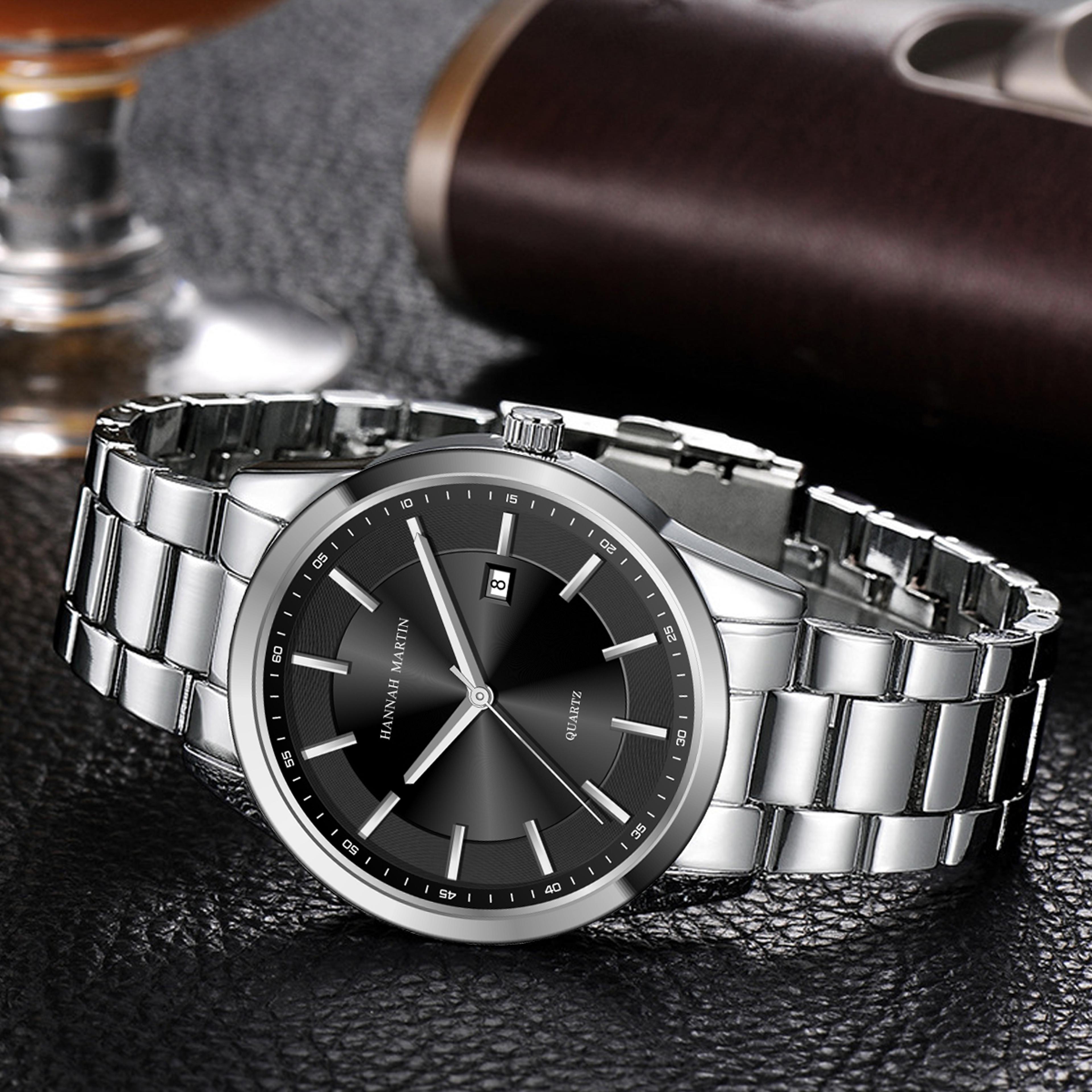 hannah martin black stainless steel mens quartz watch with japanese movement