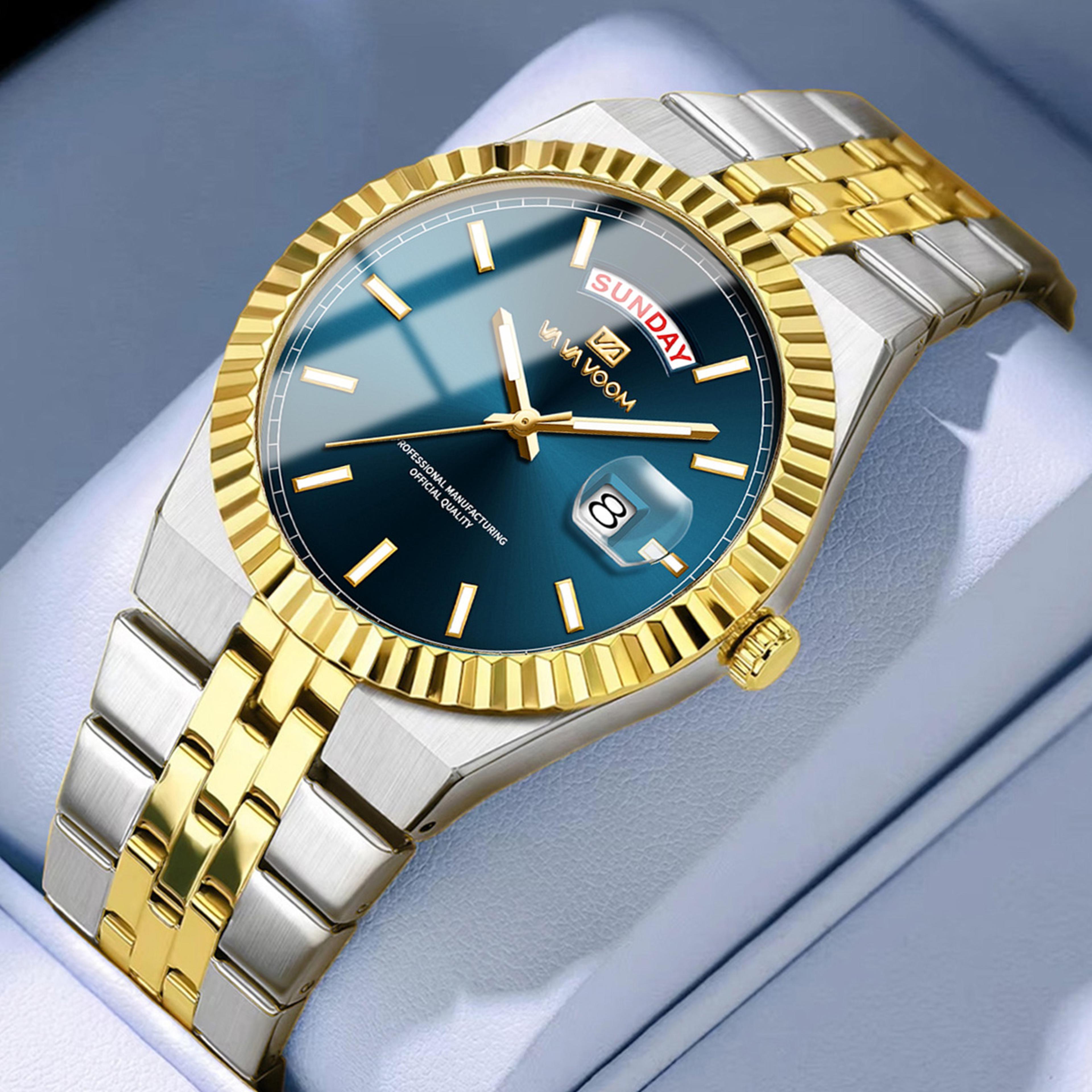 mens pilot quartz watch luminous dial gold stainless steel bracelet