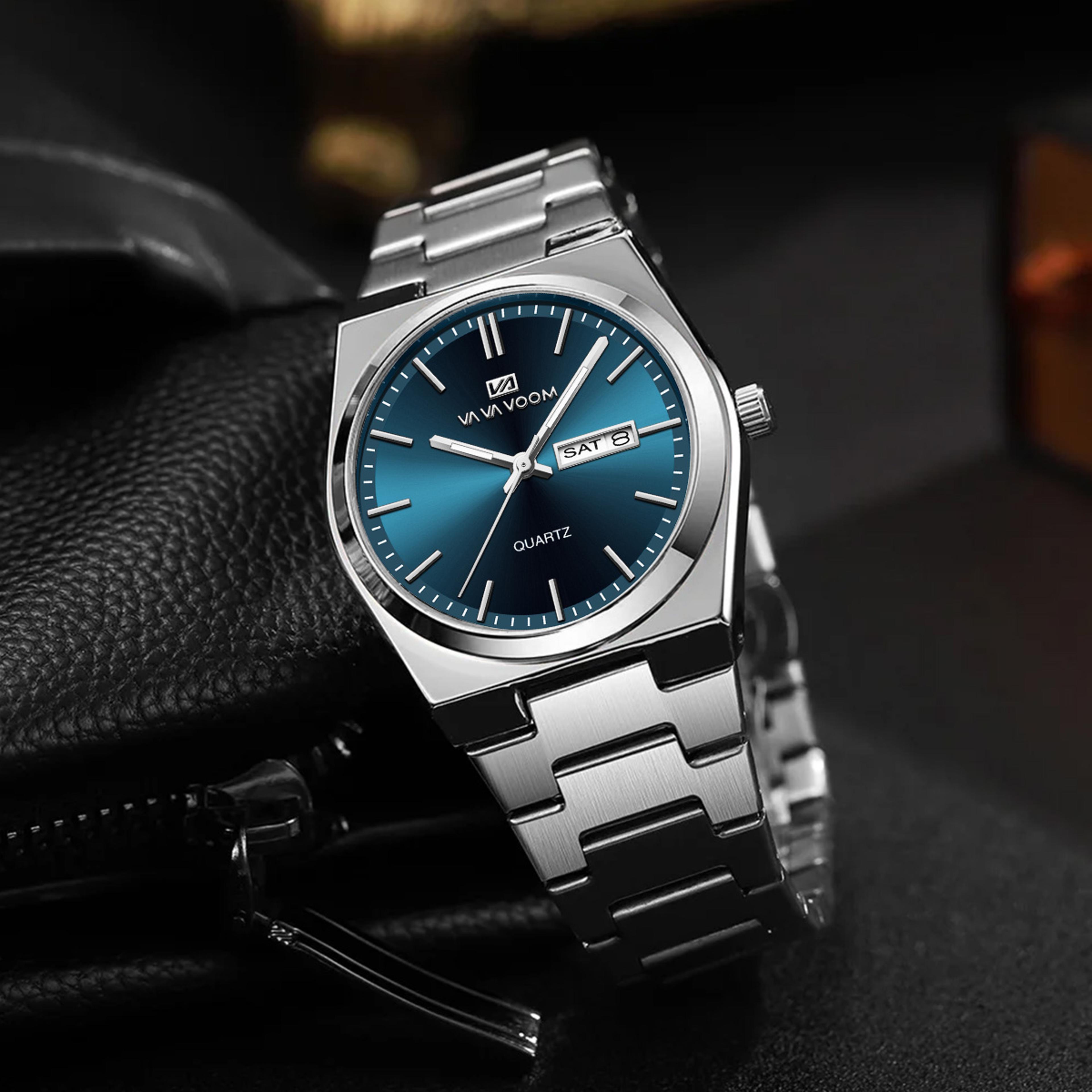 blue dial mens quartz watch stainless steel business watch