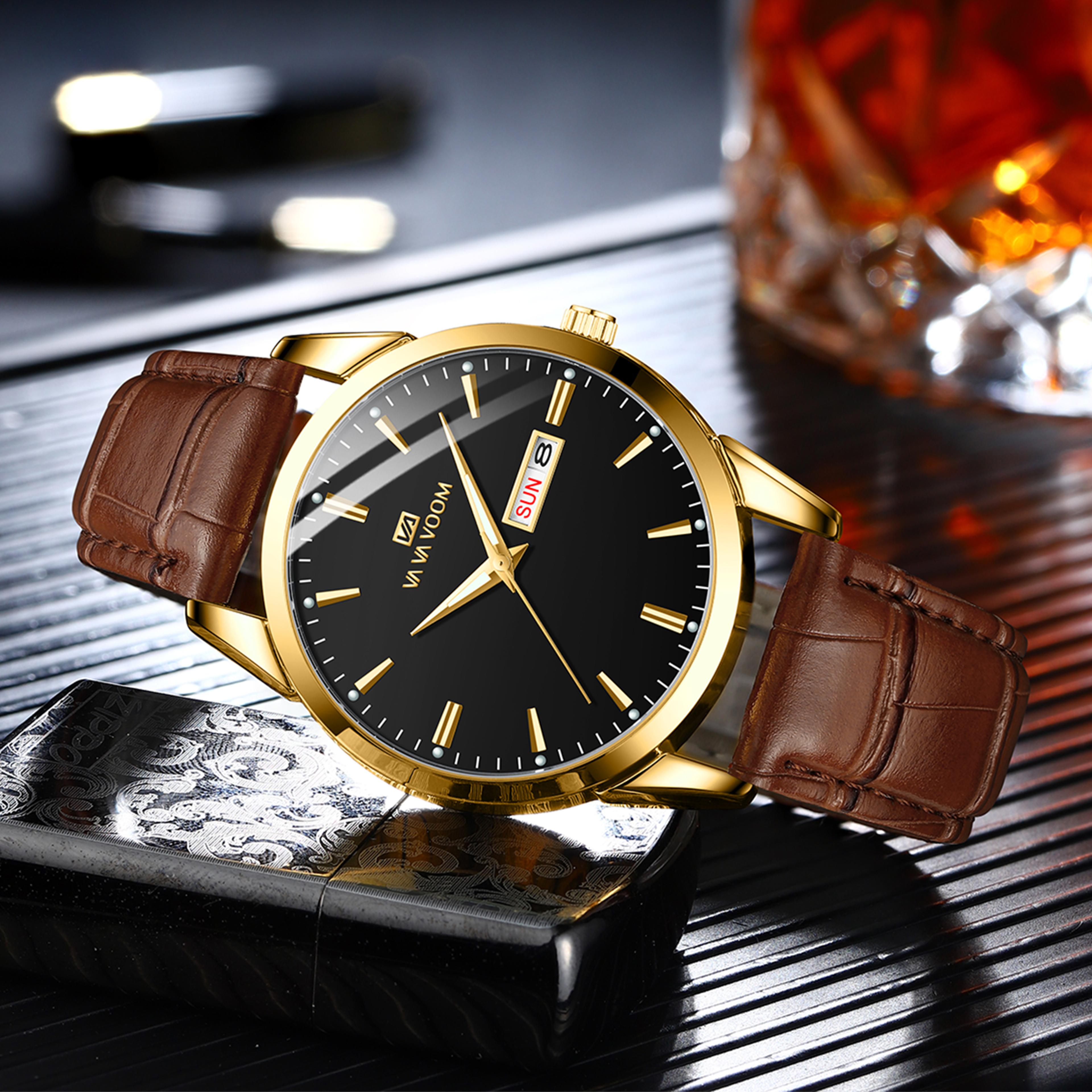 classic mens leather watch brown quartz business watch with calendar