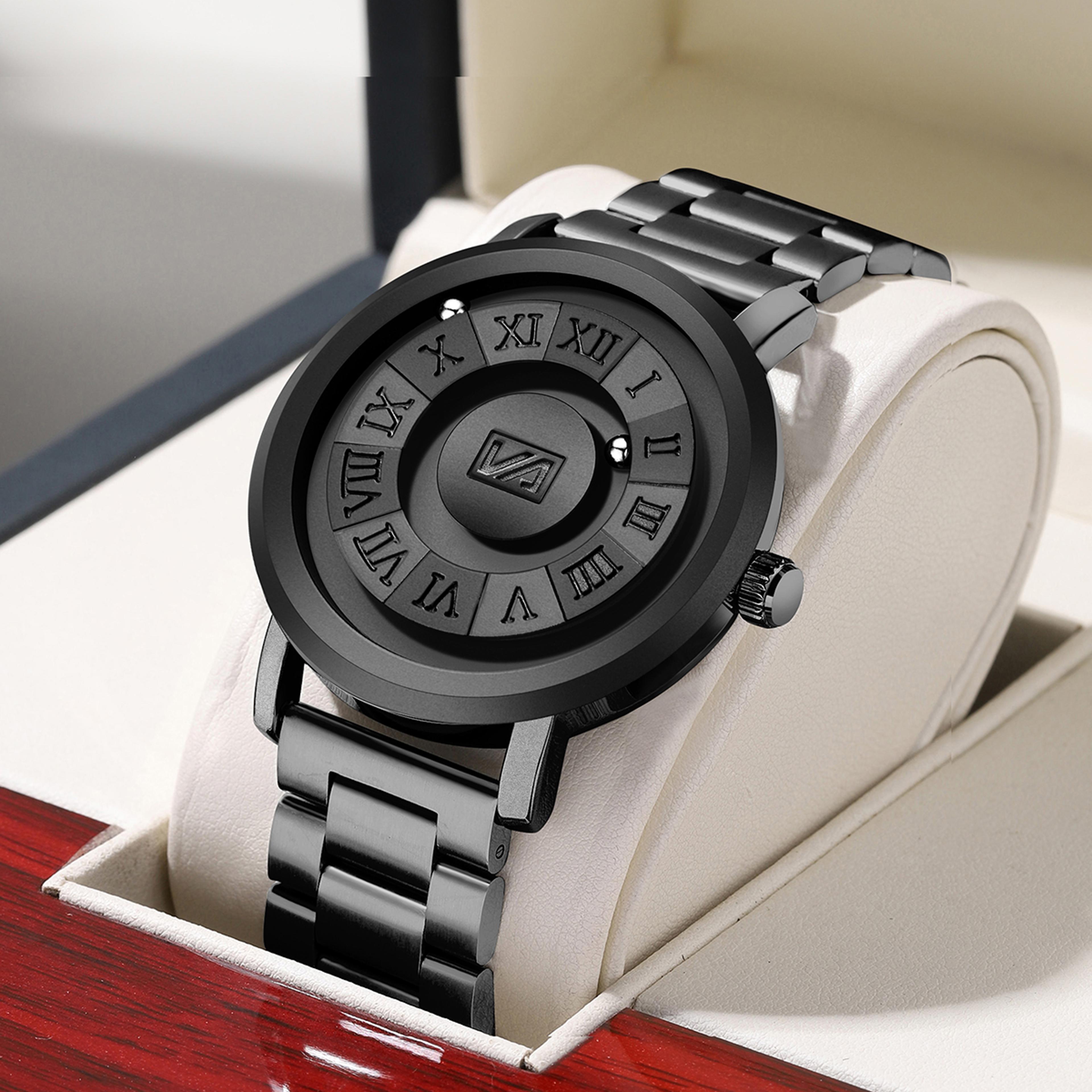 magnetic scrolling bead mens quartz watch stainless steel waterproof design