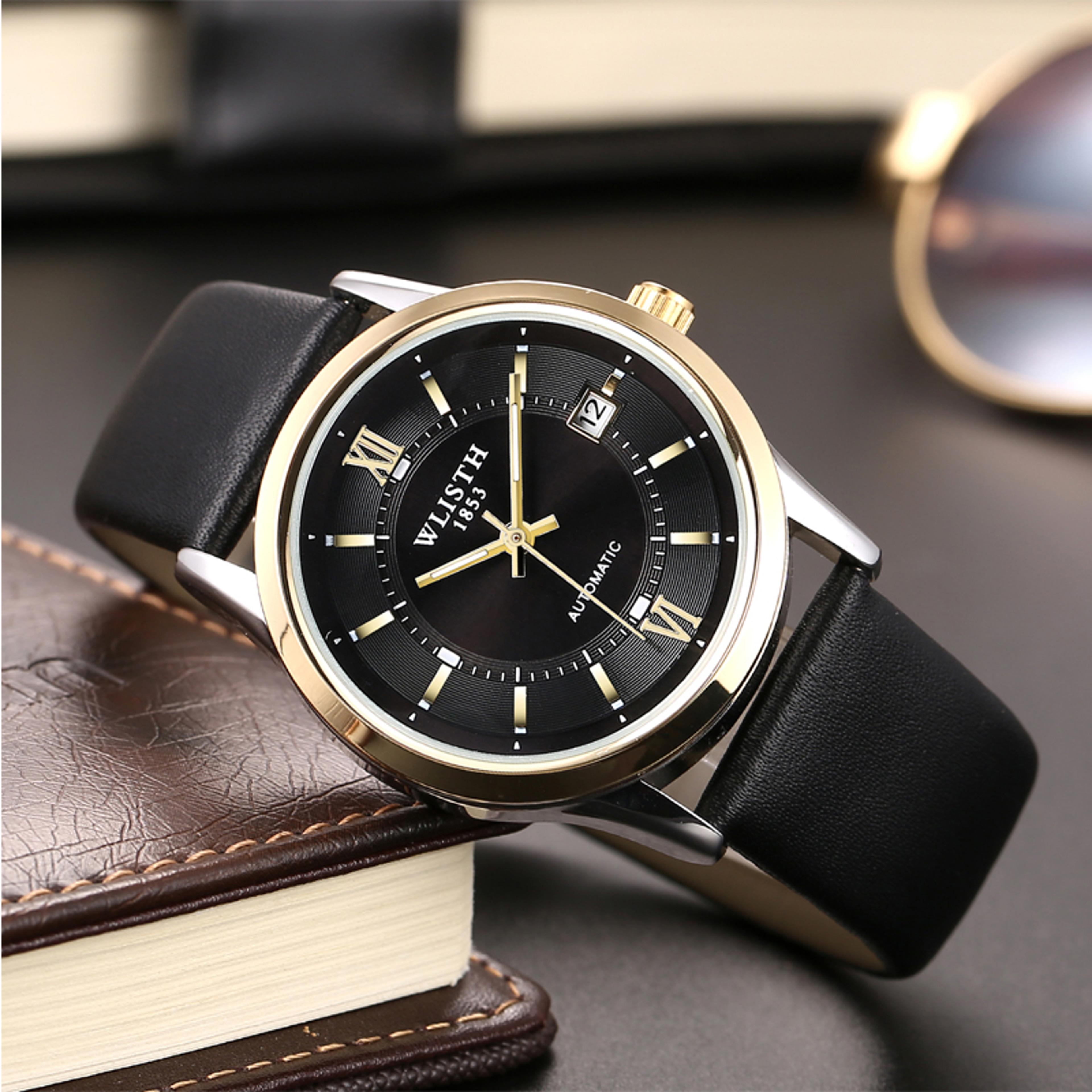 automatic skeleton watch for men with genuine leather strap