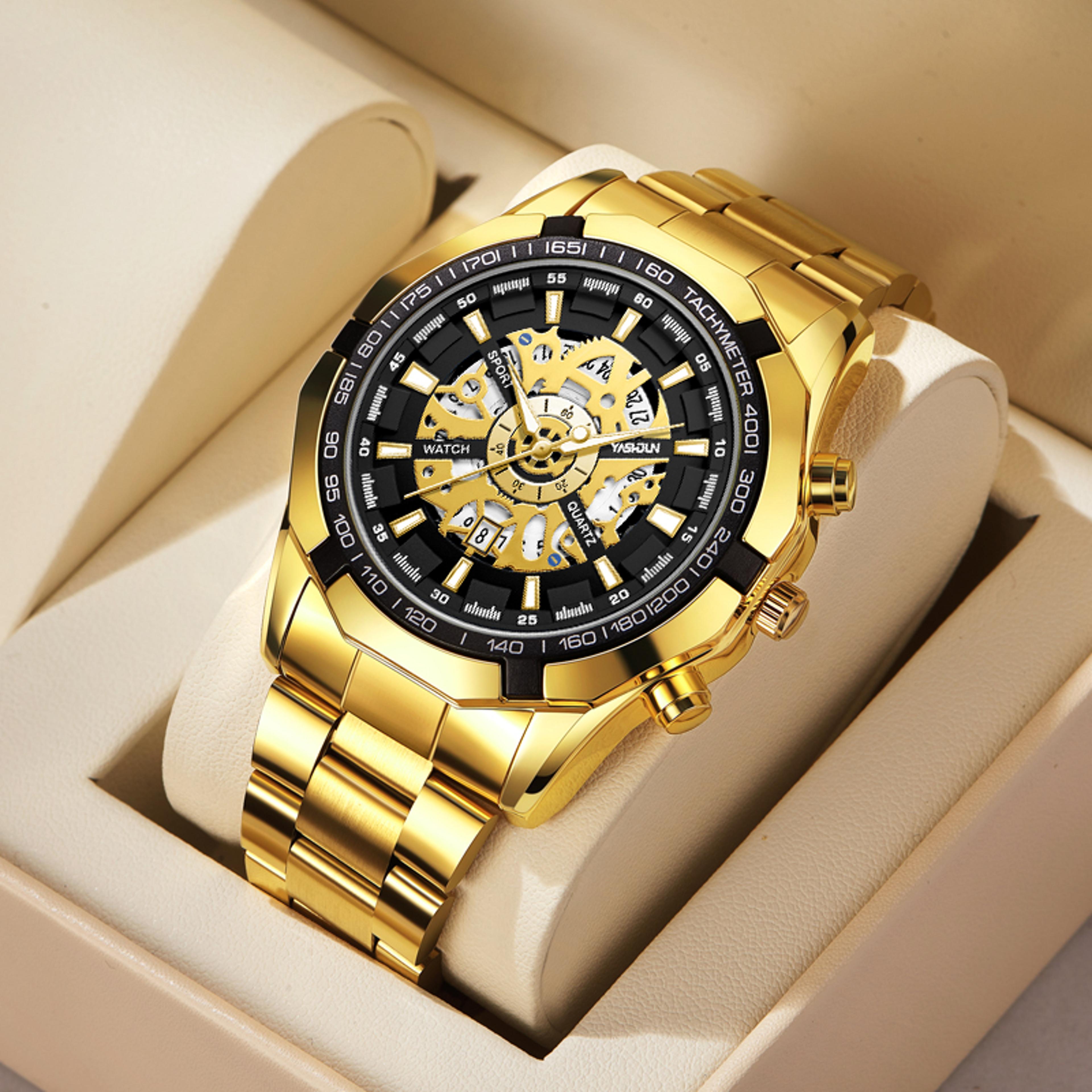 mens skeleton quartz watch with luminous calendar stainless steel band