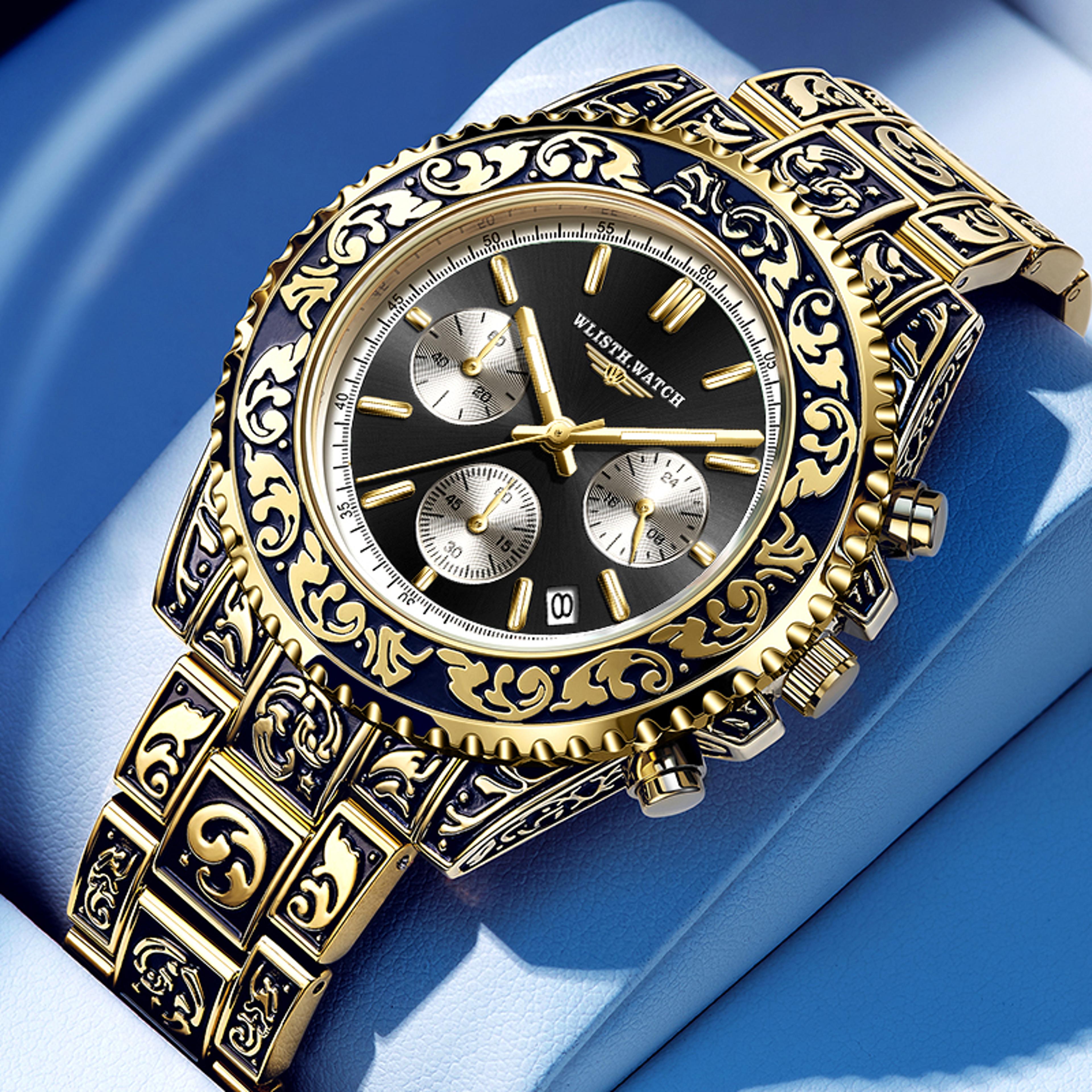retro engraved mens quartz watch with calendar